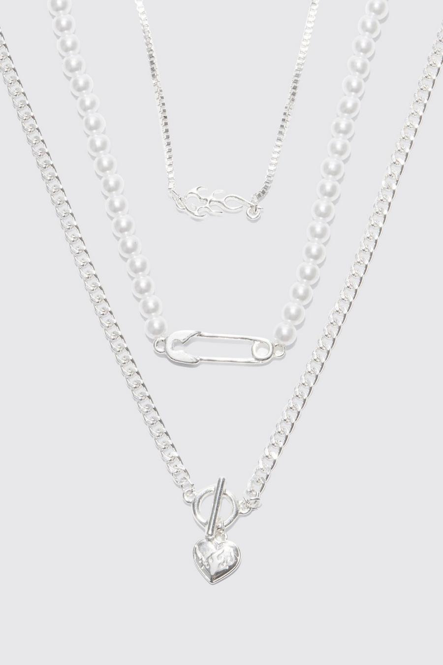 Silver Pearl Multi Layer Charm Chain Necklace