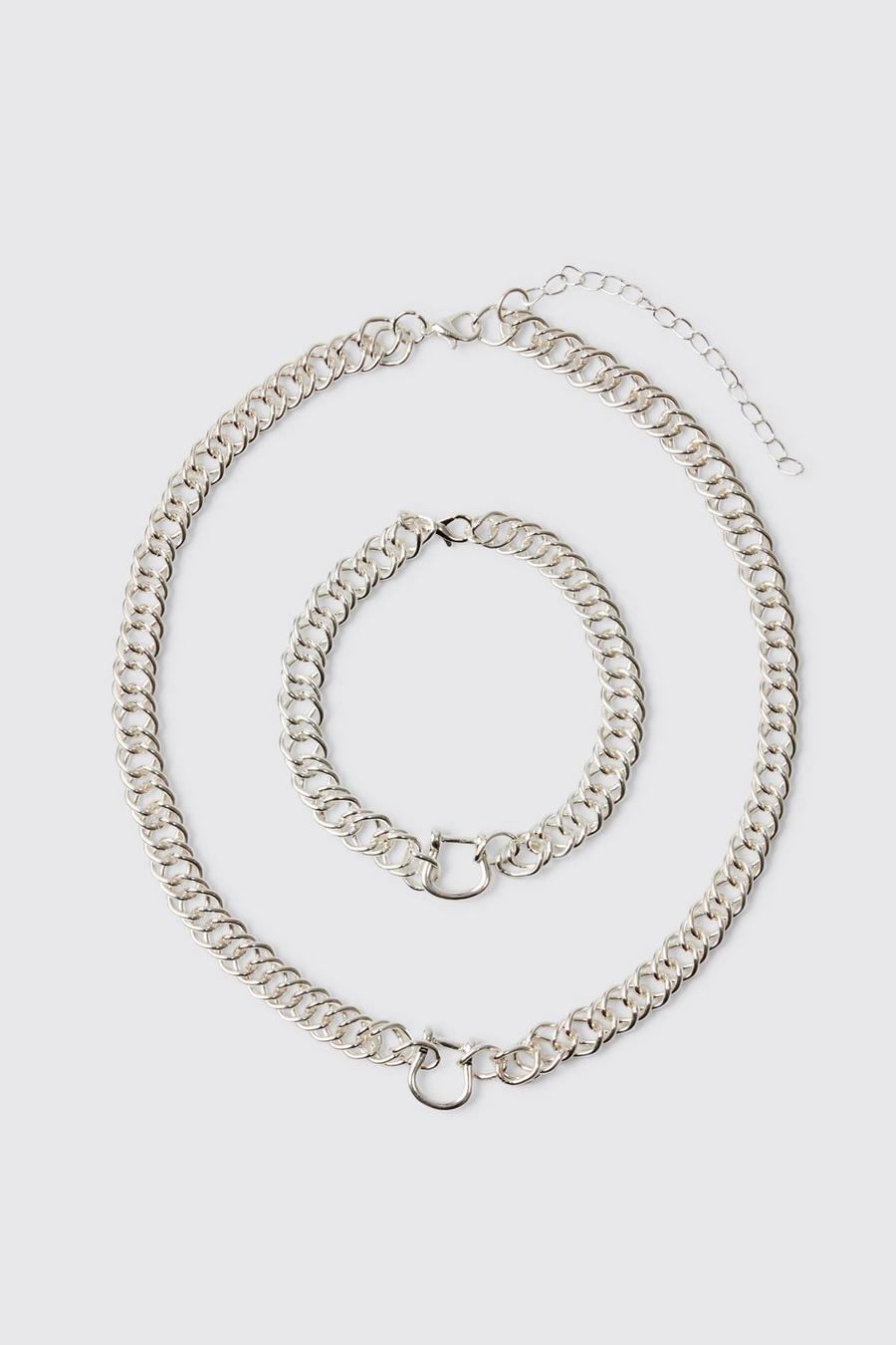 Silver Chunky Chain Necklace And Bracelet Set image number 1