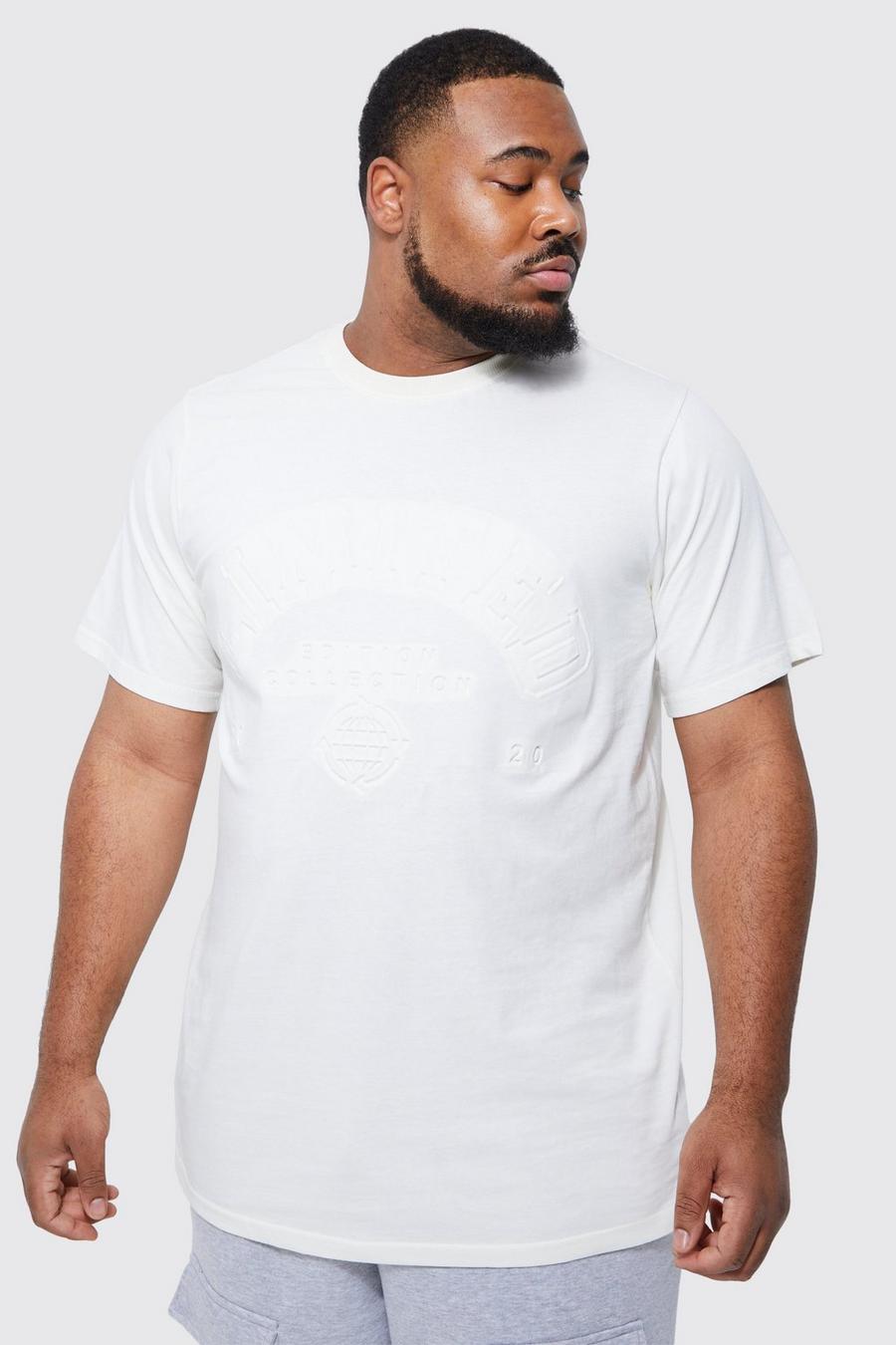 Ecru white Plus Longline Limited Varsity Debossed T-shirt 