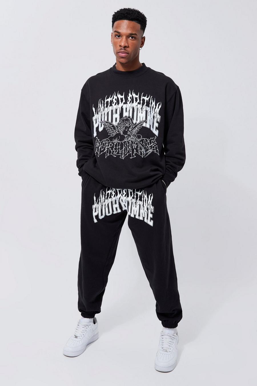 Black svart Oversized Graphic Sweatshirt Tracksuit  