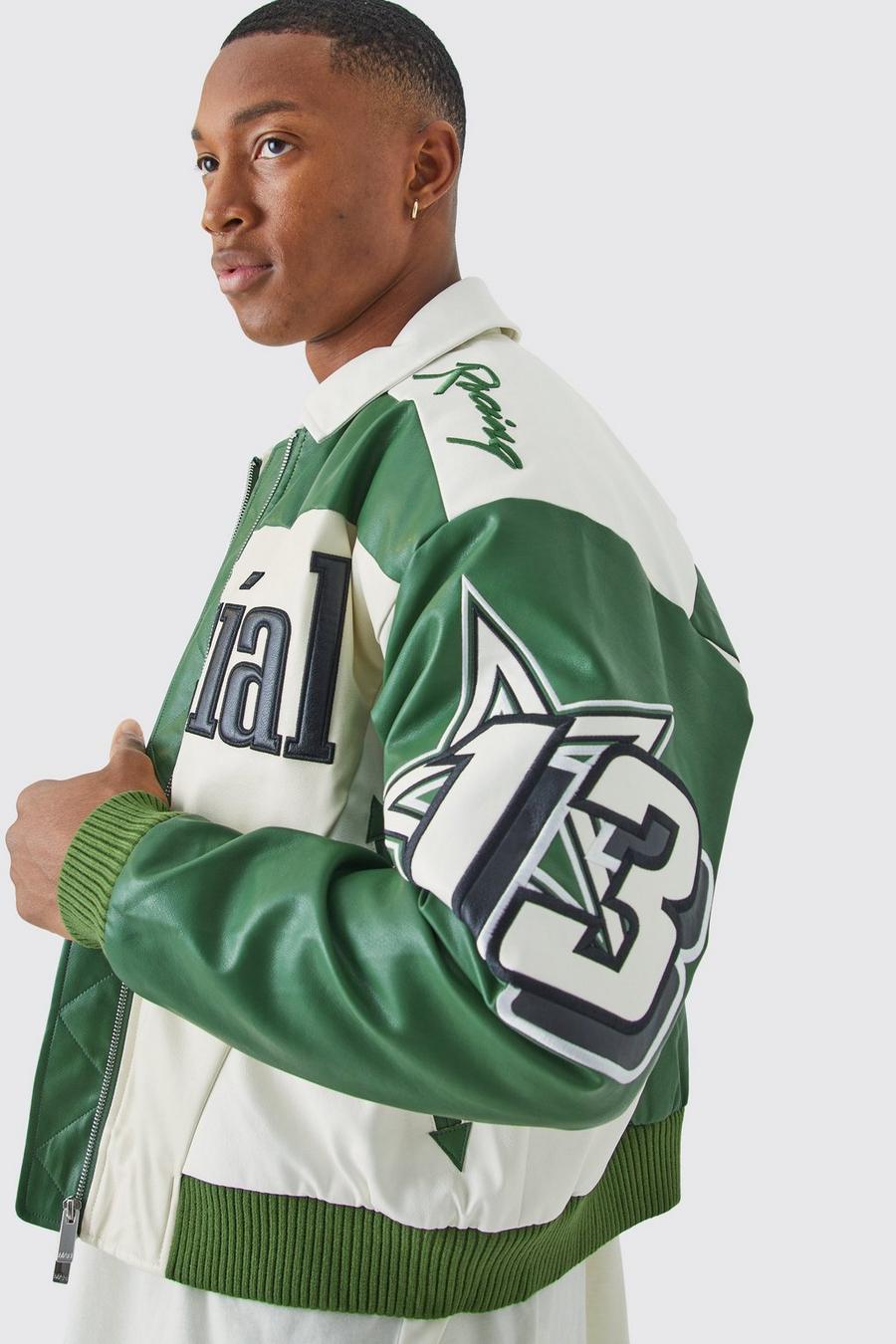 Green Boxy Fit Pu Moto Collared Bomber image number 1