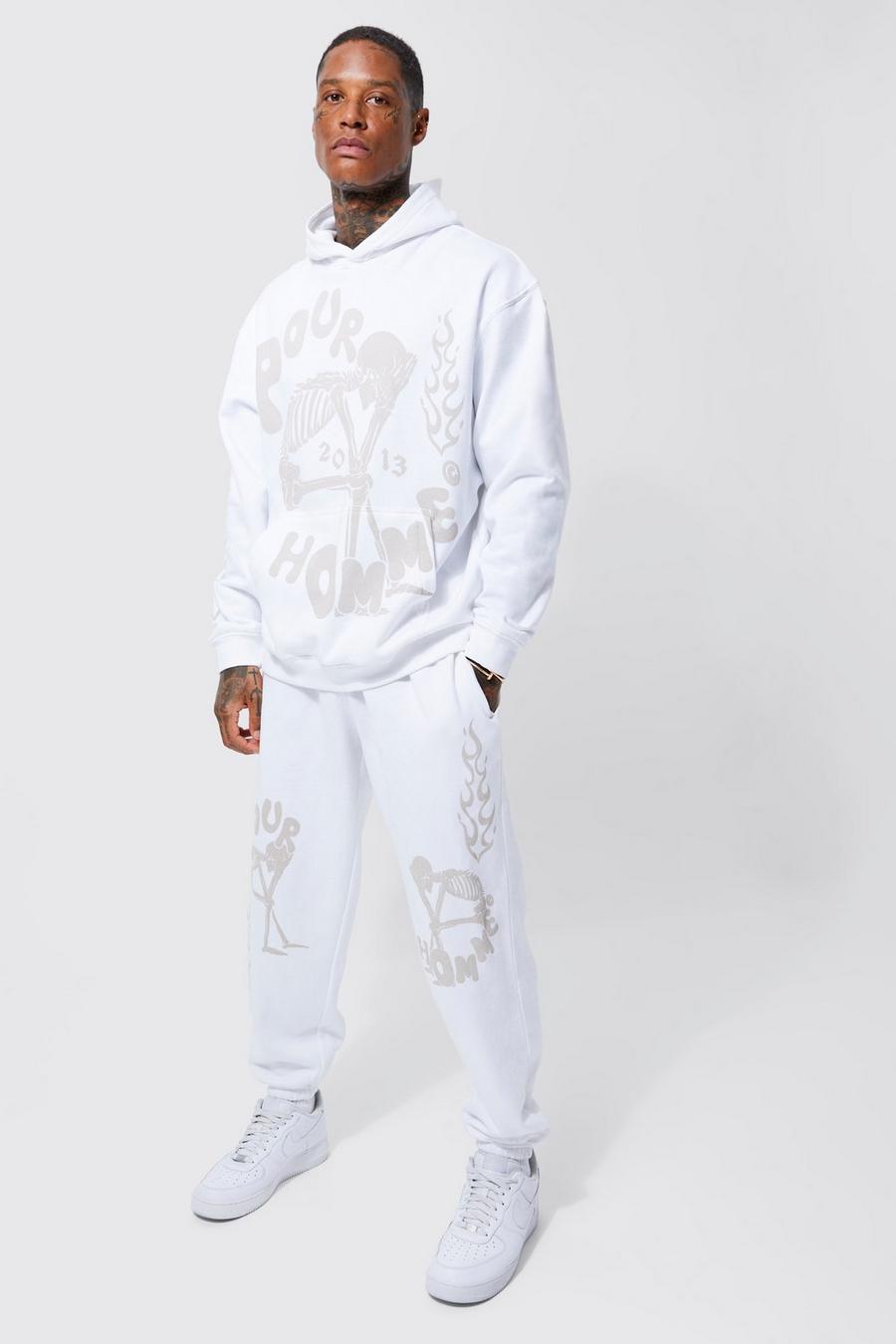White Oversized Graphic Hoodie And Jogger Tracksuit image number 1