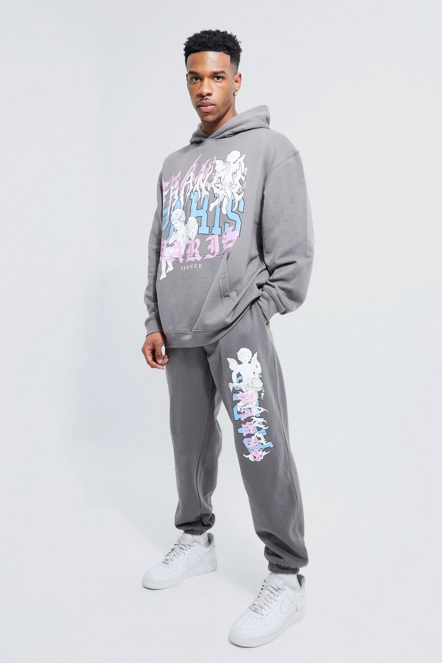 Charcoal gris Oversized Graphic Hoodie And Jogger Tracksuit 