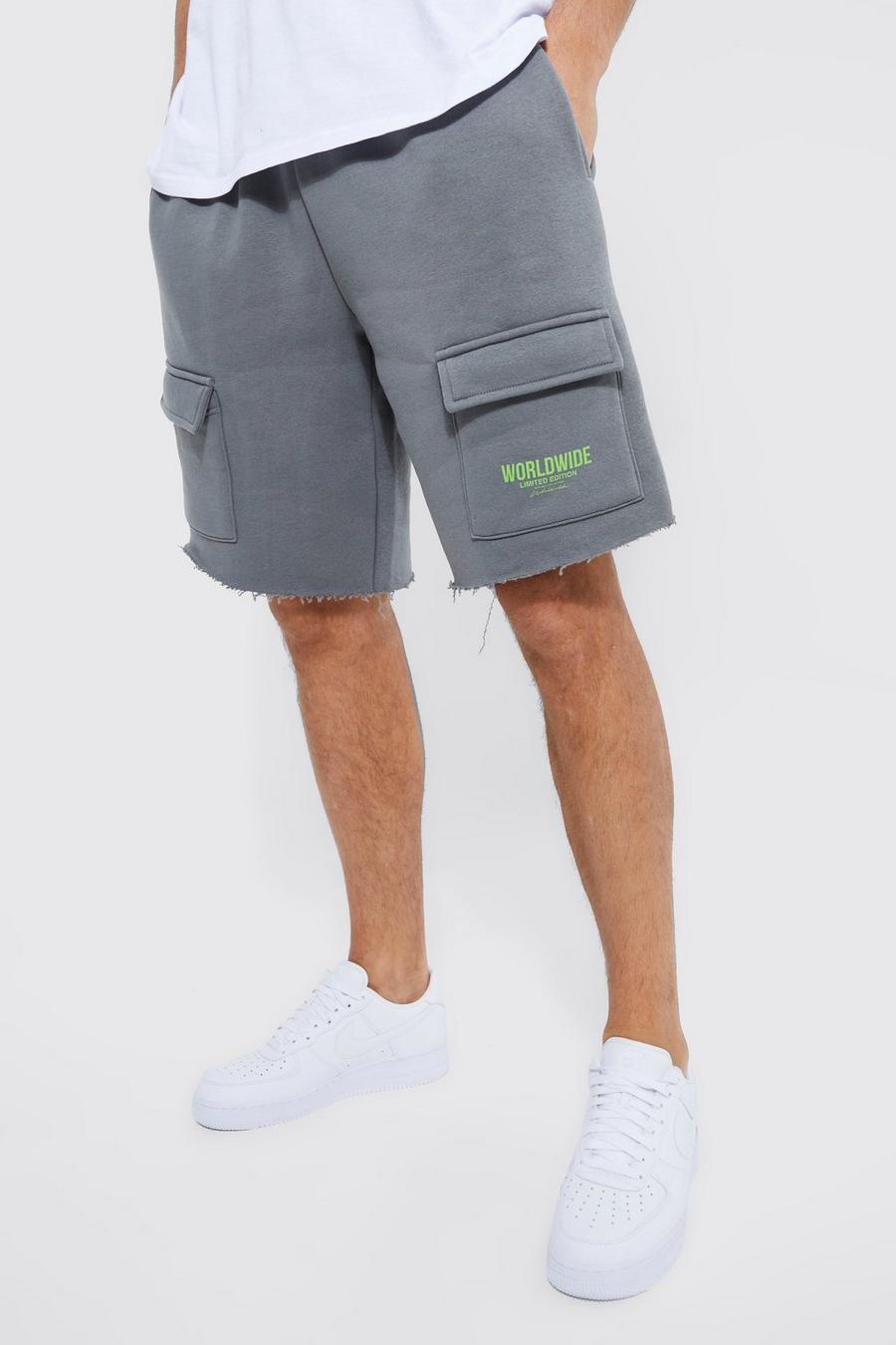 Charcoal grey Tall Extended Drawcord Raw Hem Cargo Short