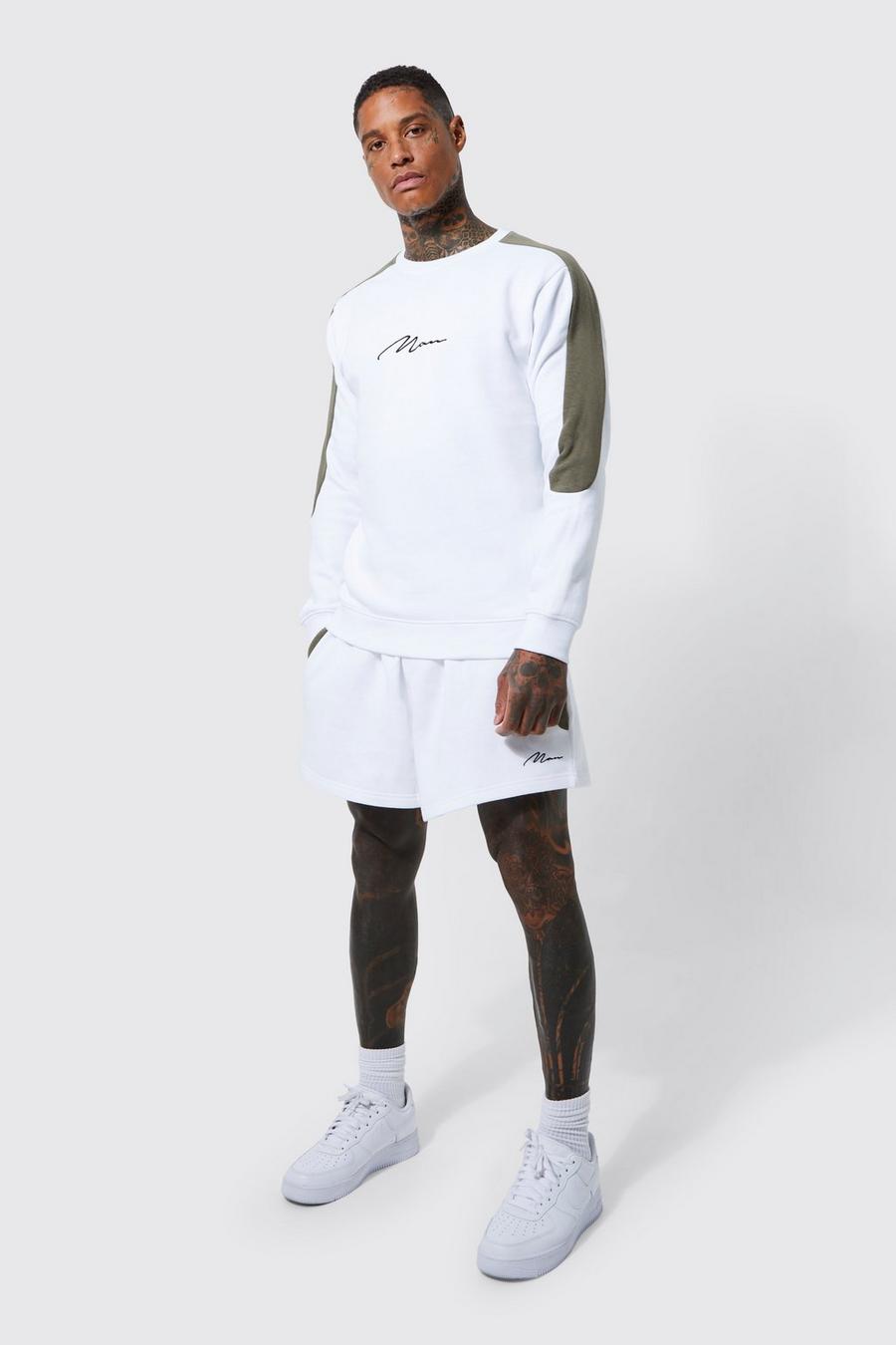 White Lightweight Slim Man Panel Sweater Short Tracksuit