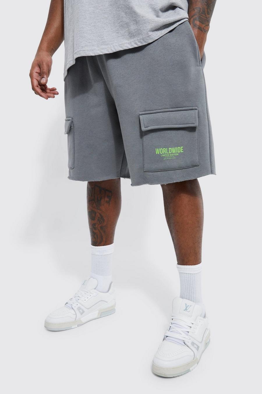 Charcoal grey Plus Extended Drawcord Raw Hem Cargo Short