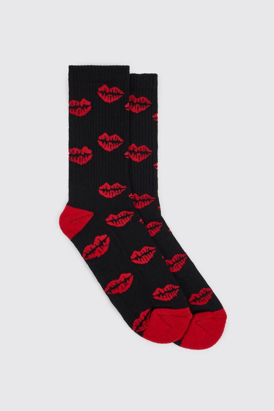 Black Kiss Patterned Sports Socks image number 1