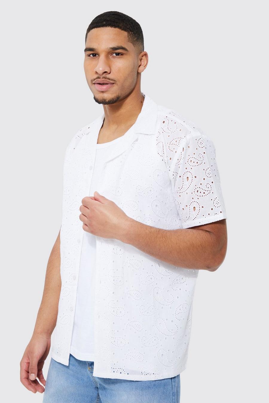 Tall Short Sleeve Paisley Broderie Shirt, Ecru bianco