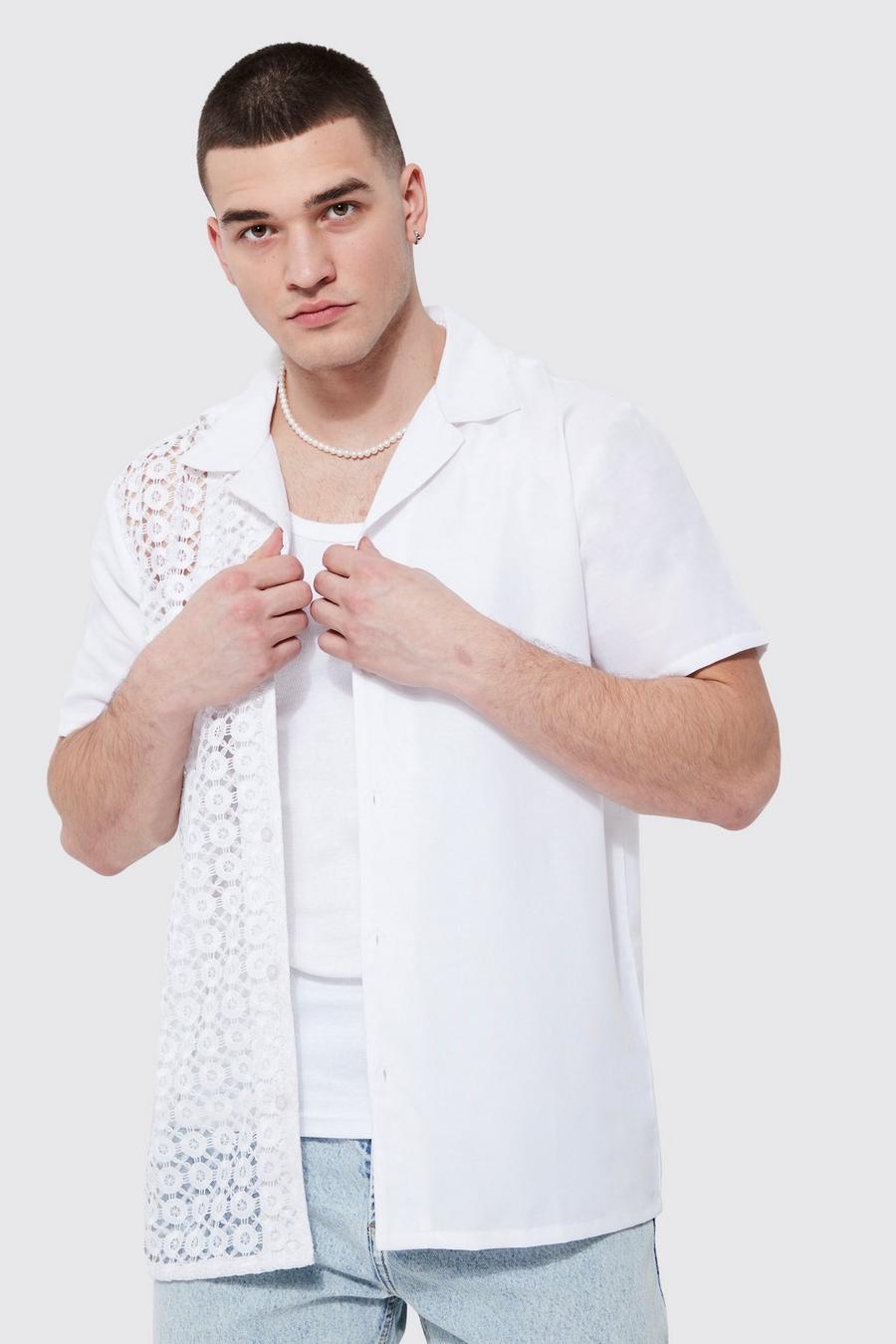 Tall Short Sleeve Spliced Crochet Shirt, Ecru blanco