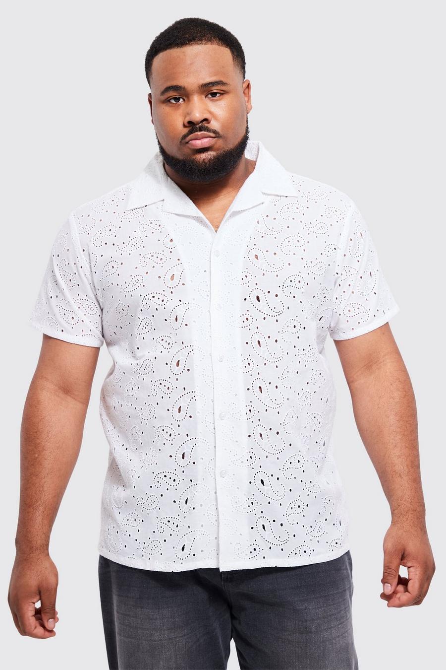 Plus Short Sleeve Paisley Broderie Shirt, Ecru bianco