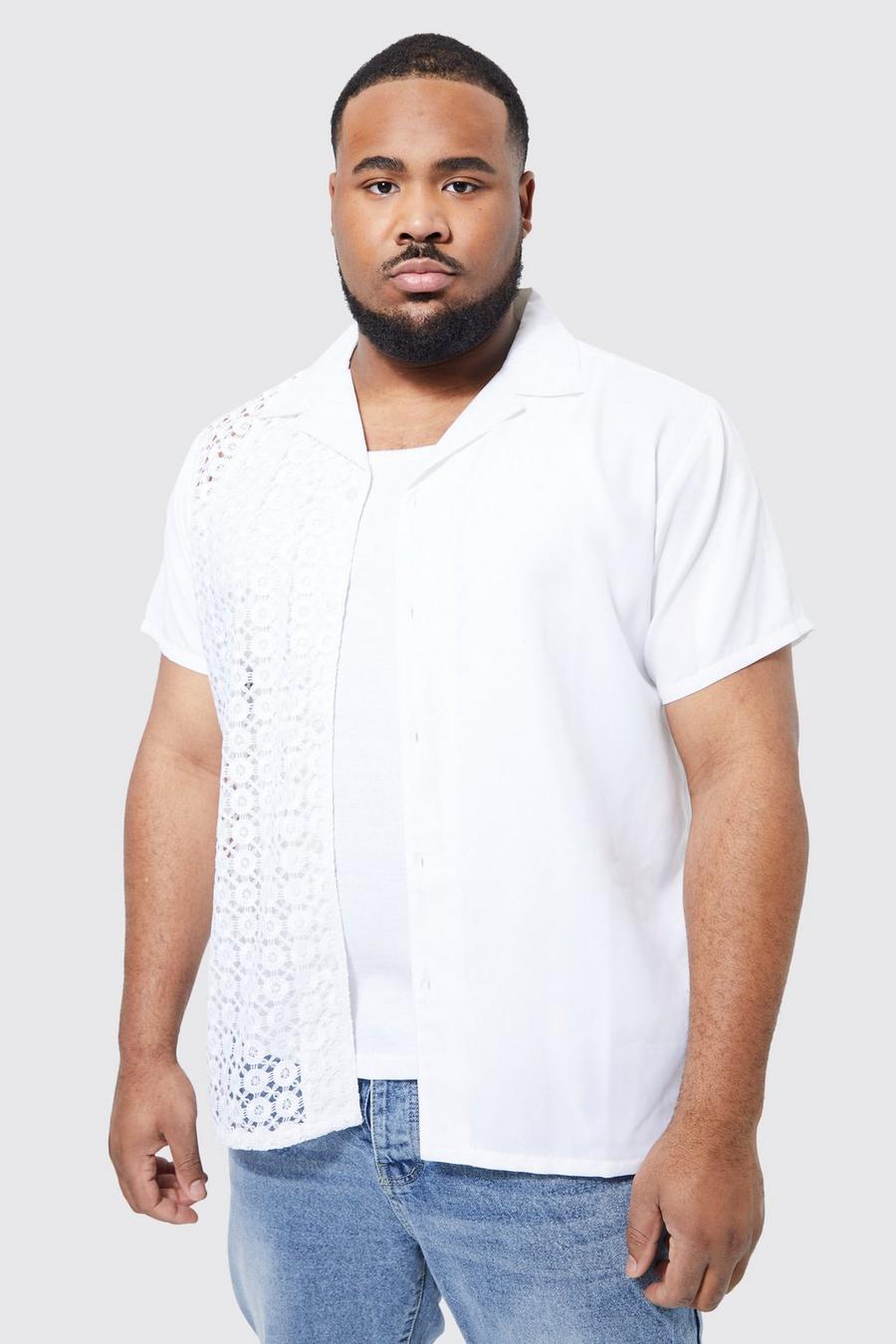 Ecru white Plus Short Sleeve Spliced Crochet Shirt