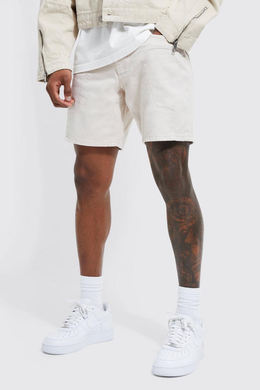 Ecru Slim Fit Panelled Denim Shorts image number 1