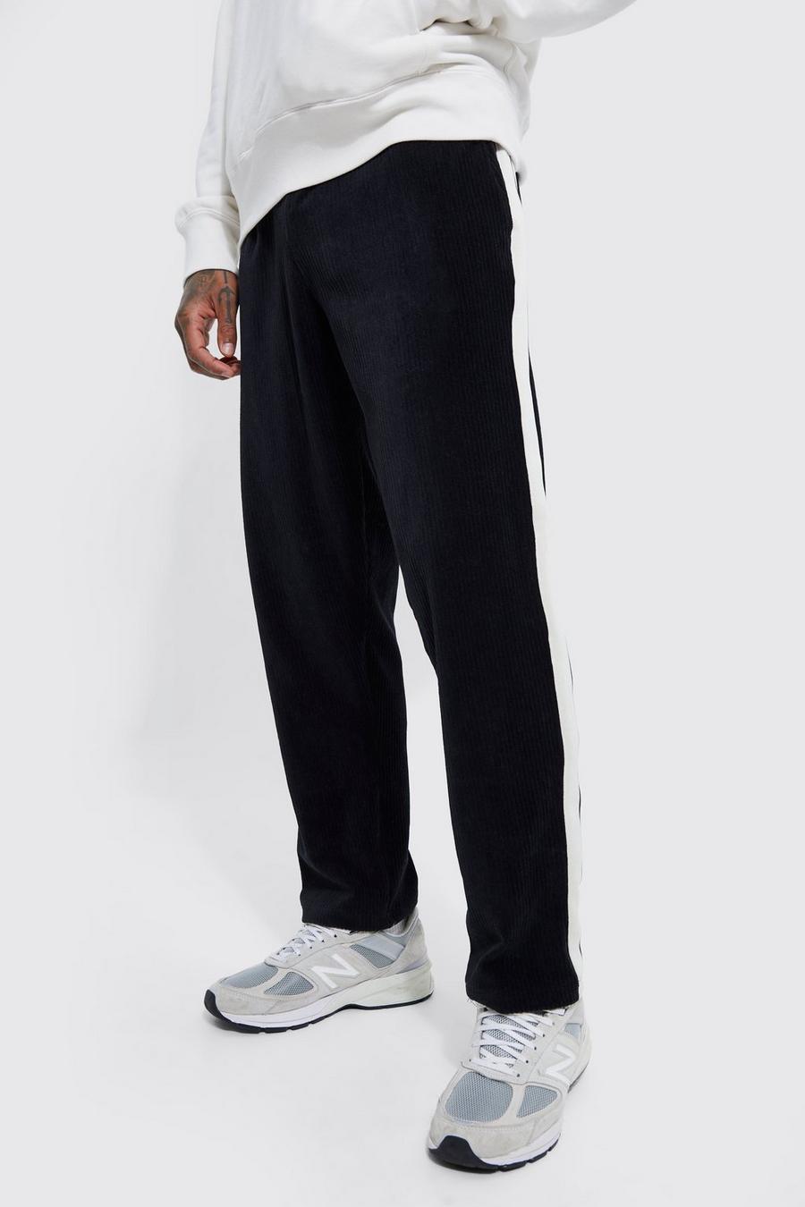Black Straight Leg Ribbed Velour Jogger With Tape image number 1