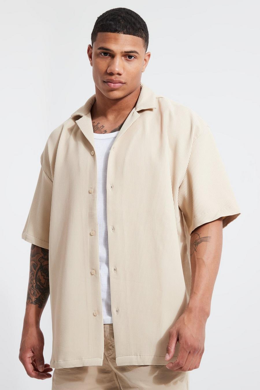 Taupe beige Pleated Short Sleeve Oversized Boxy Shirt