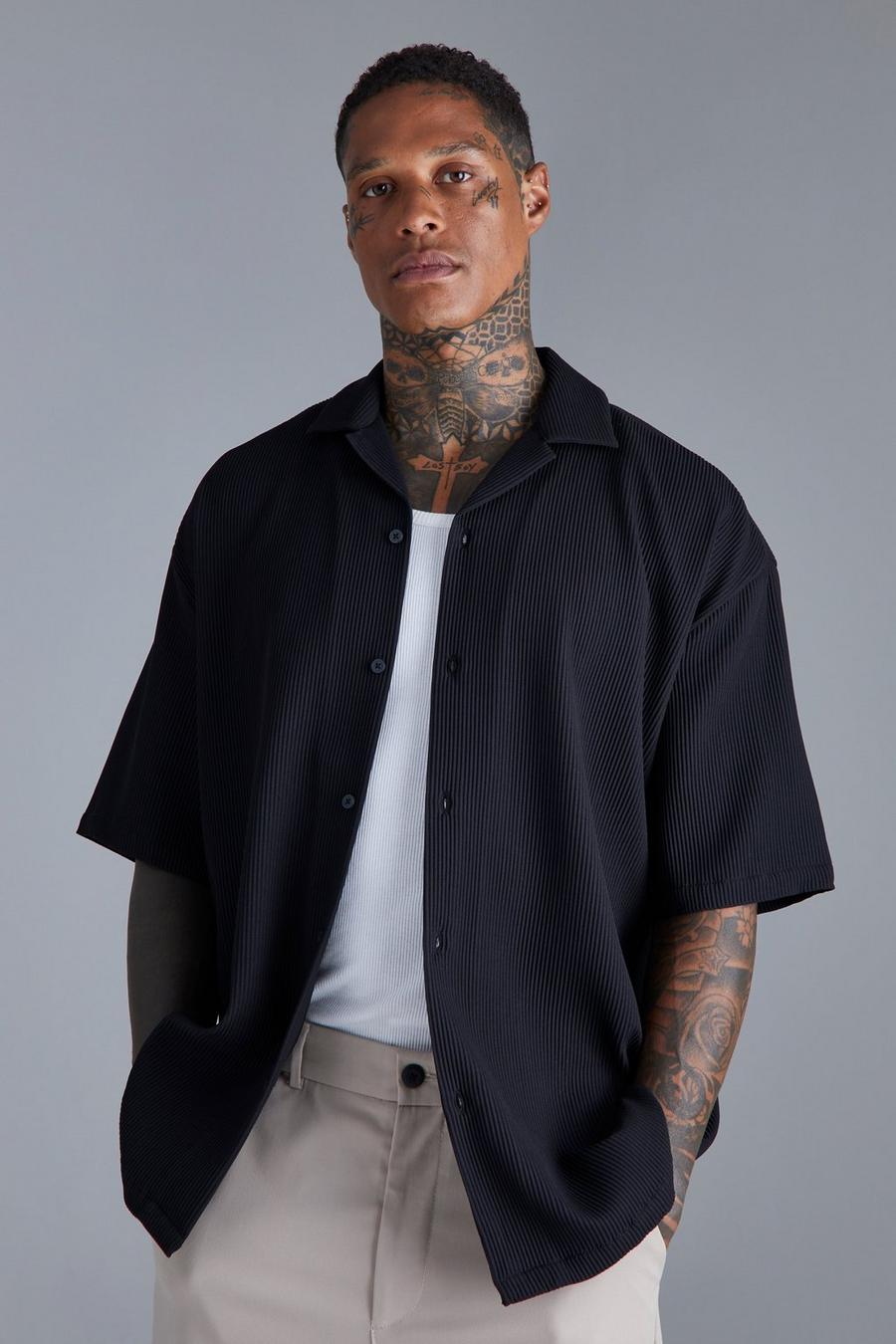 Black Pleated Short Sleeve Oversized Boxy Shirt image number 1