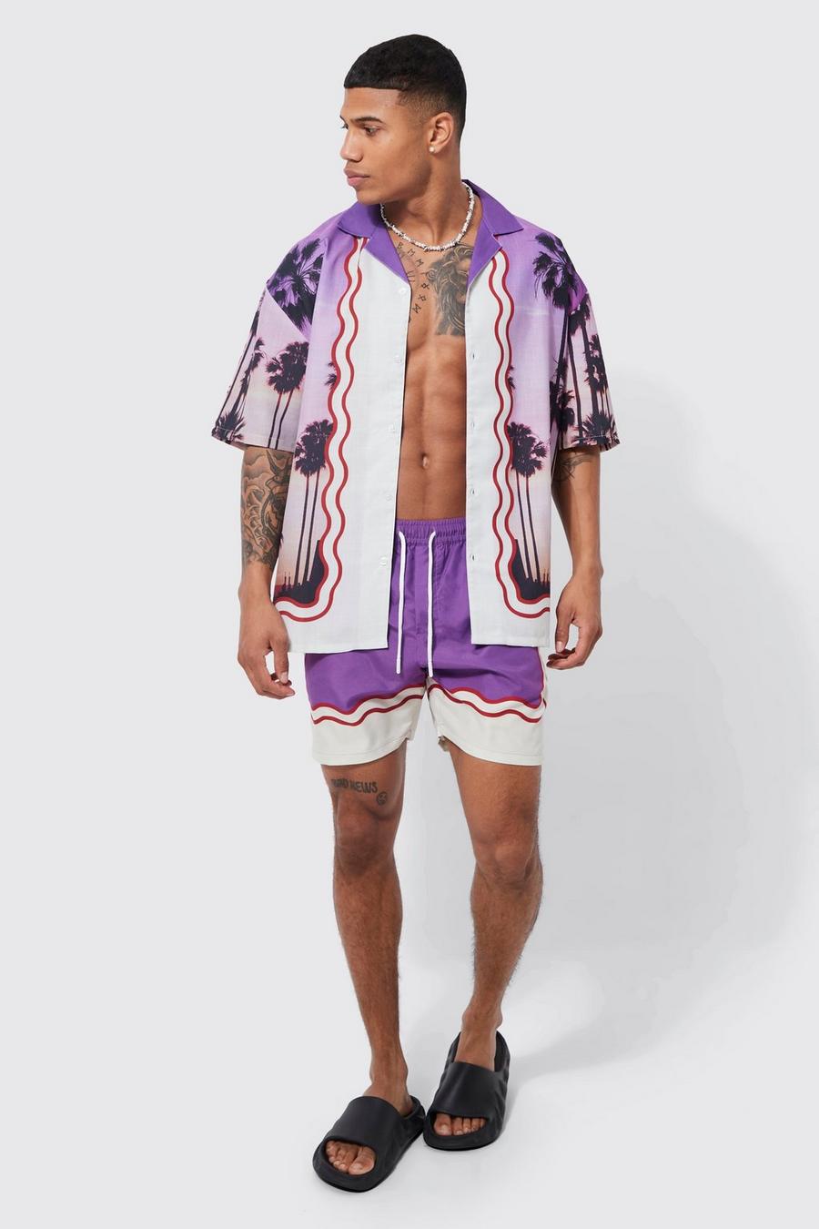 Boxy Oversized Slub Palm Shirt And Swims, Purple image number 1