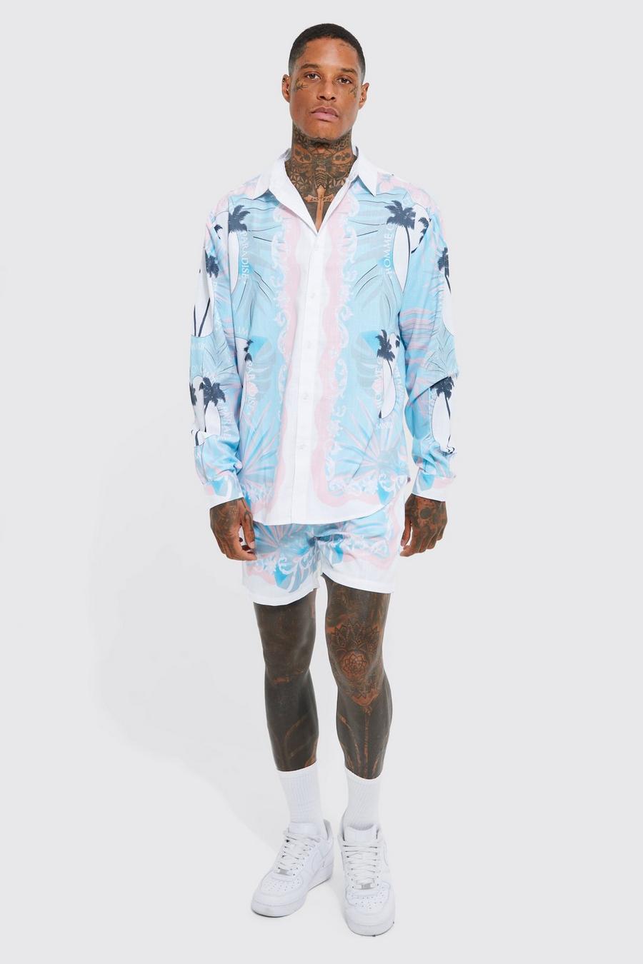 Pantalón corto y camisa oversize con estampado de palmeras, Light blue image number 1