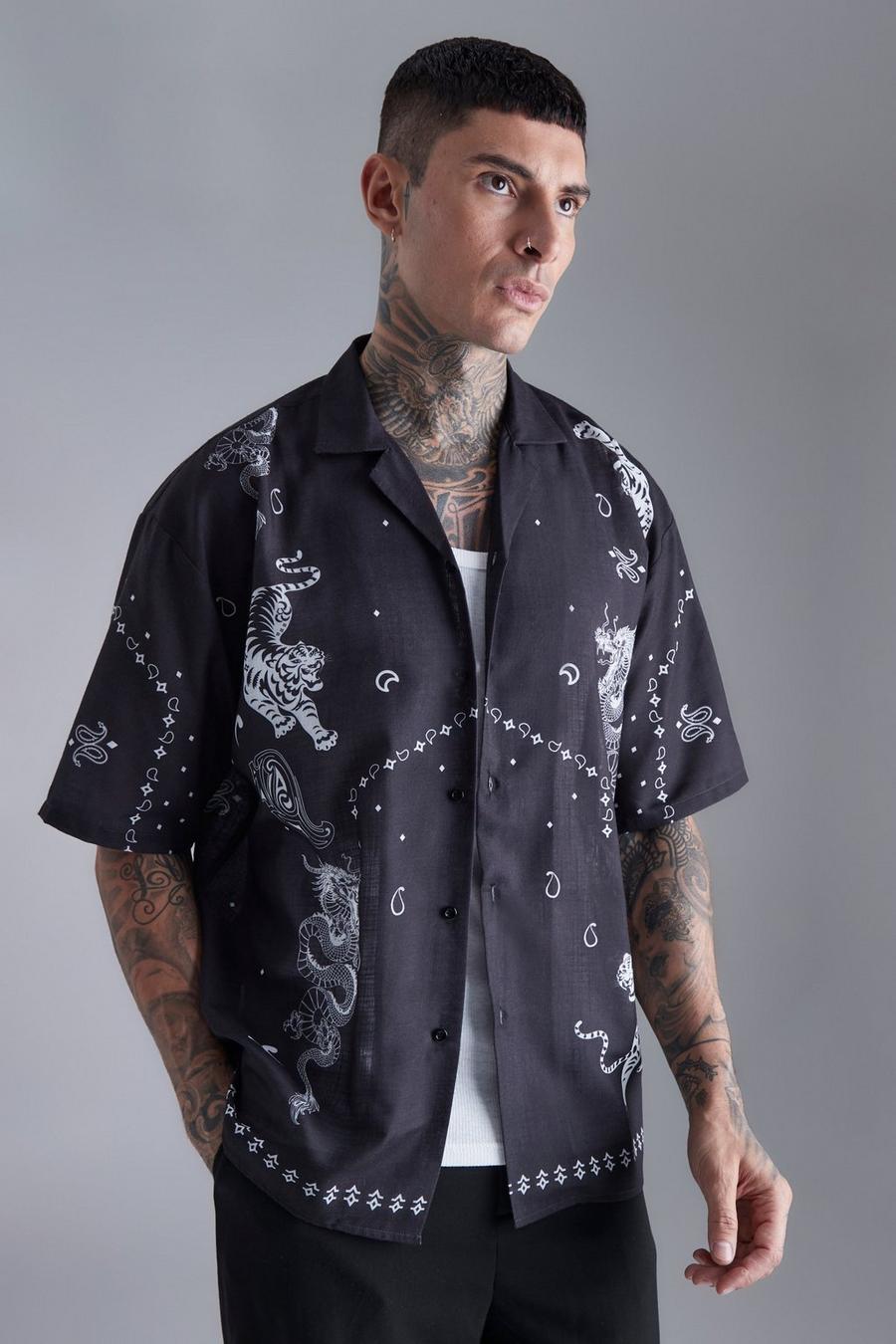 Short Sleeve Boxy Oversized Slub Dragon Shirt, Black