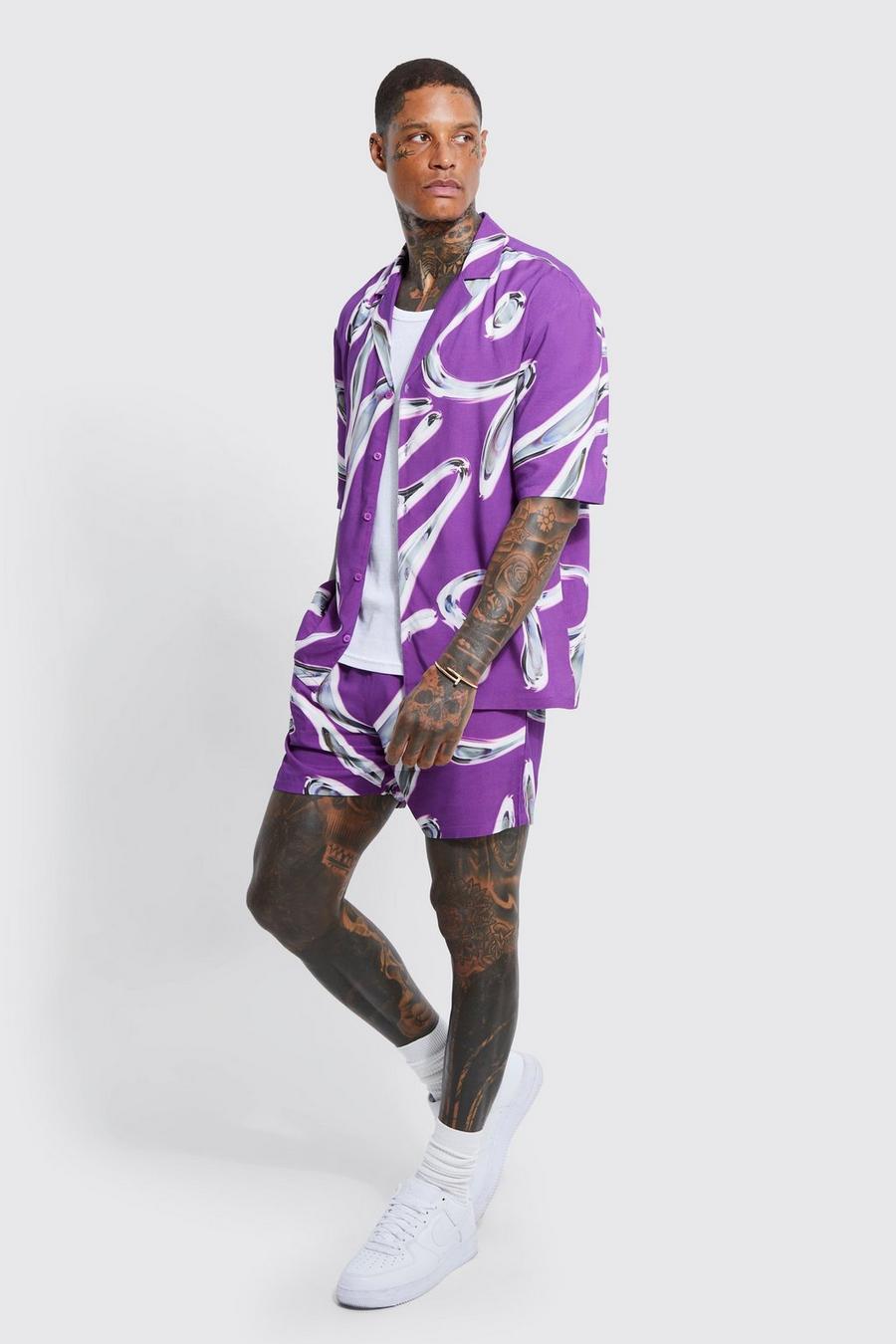 Viskose-Hemd und Shorts mit Print, Lilac violett