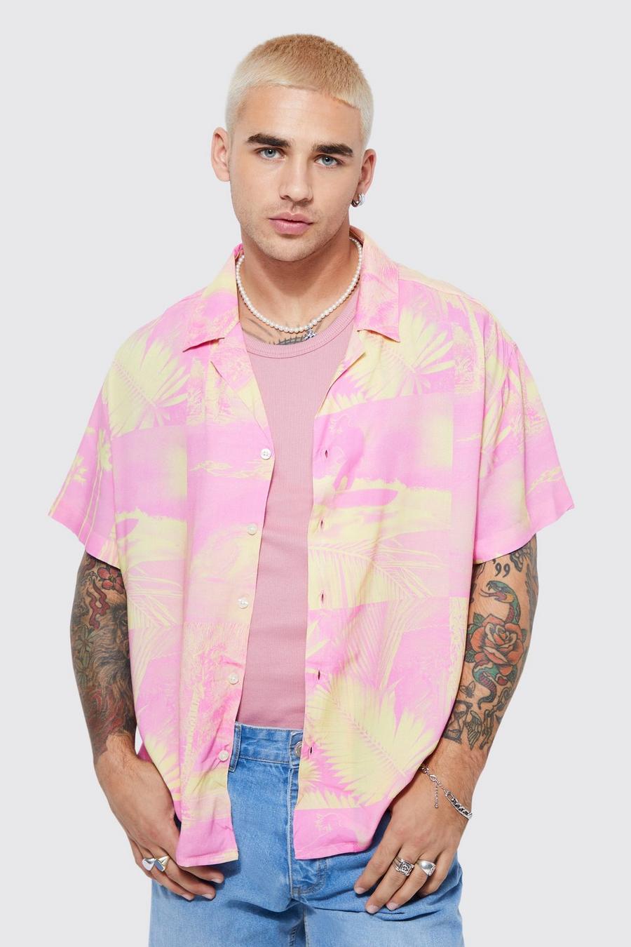 Light pink Short Sleeve Viscose Boxy Palm Shirt image number 1