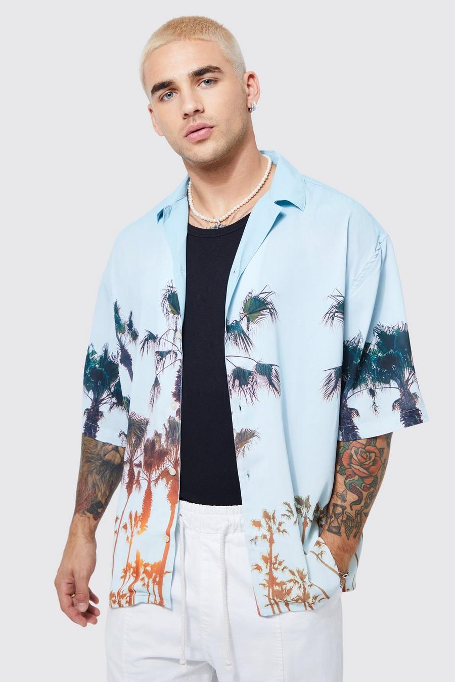 Light blue Short Sleeve Boxy Oversized Palm Shirt image number 1