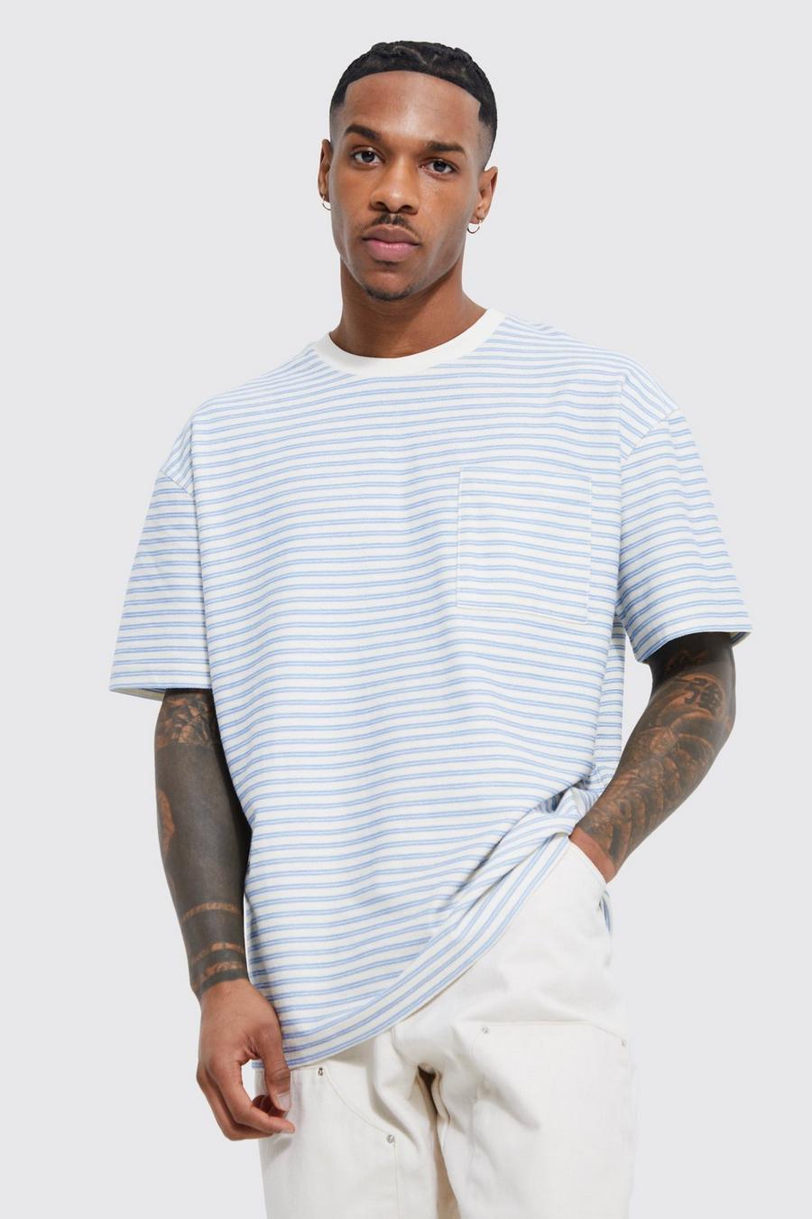 Blue Oversized Textured Stripe Pocket T-shirt image number 1