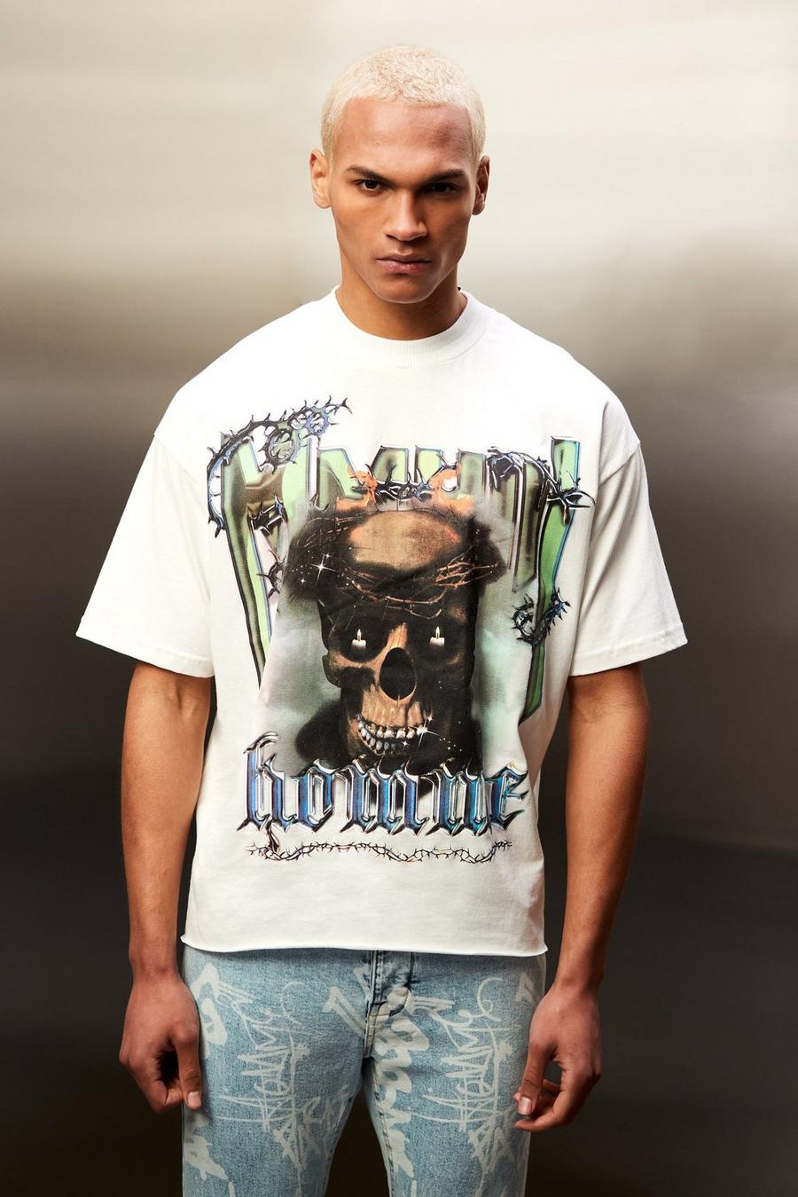 Ecru Oversized Boxy  Raw Hem Skull Graphic T-shirt  image number 1