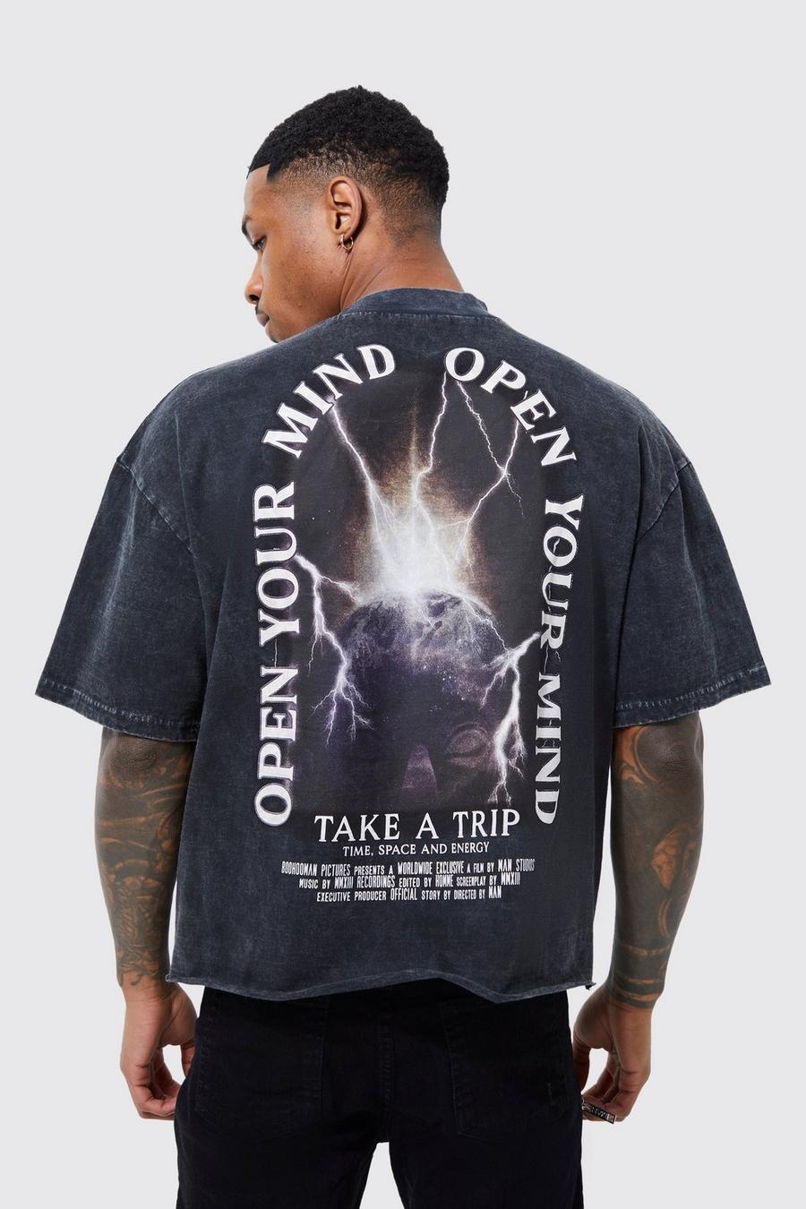 Black Oversized Boxy Gebleekte T-Shirt Met Print En Onbewerkte Zoom