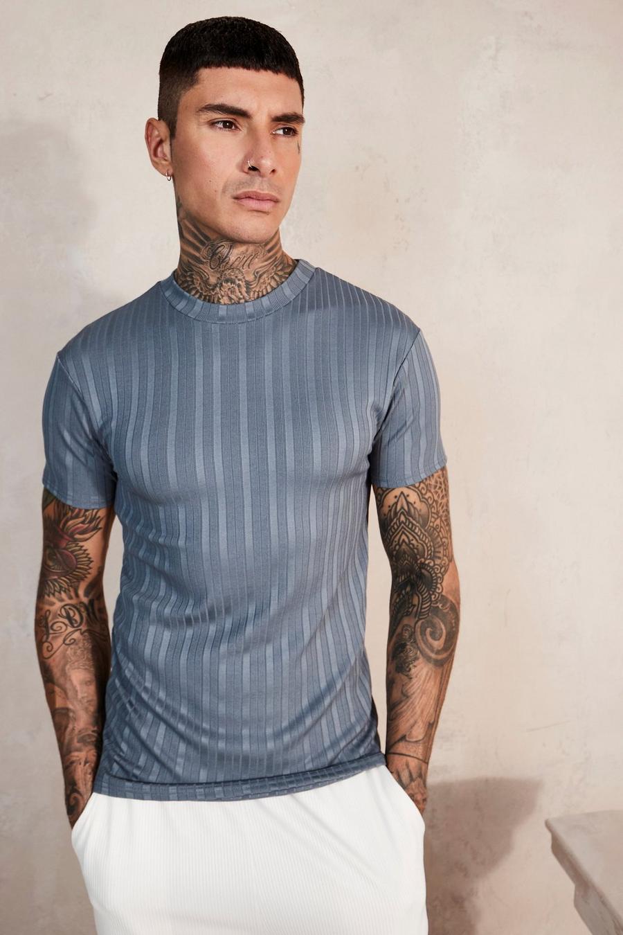 Slate blue Muscle Fit Ribbed T-shirt image number 1