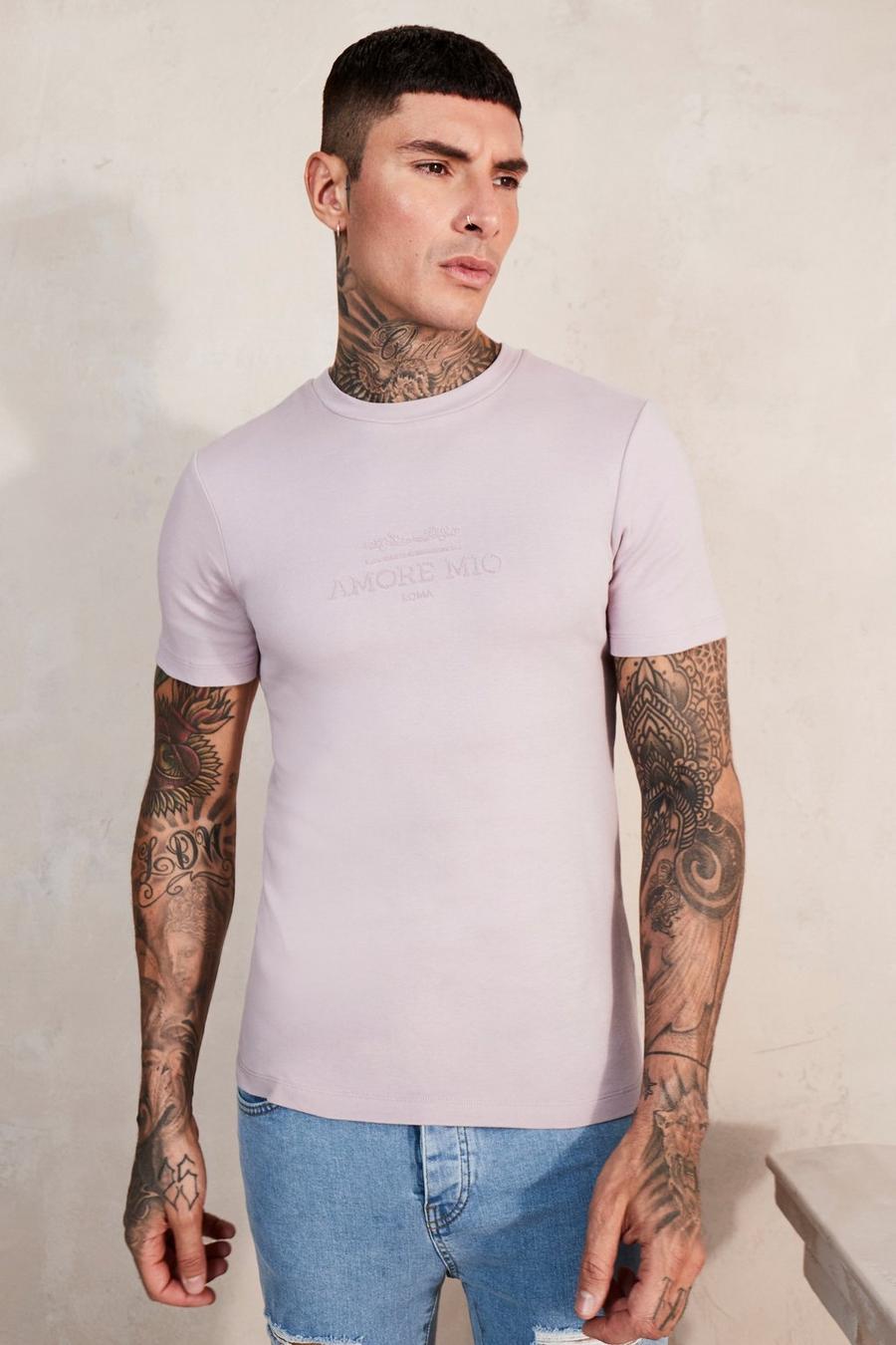 Mauve Muscle Fit Amore Flock Print T-shirt image number 1