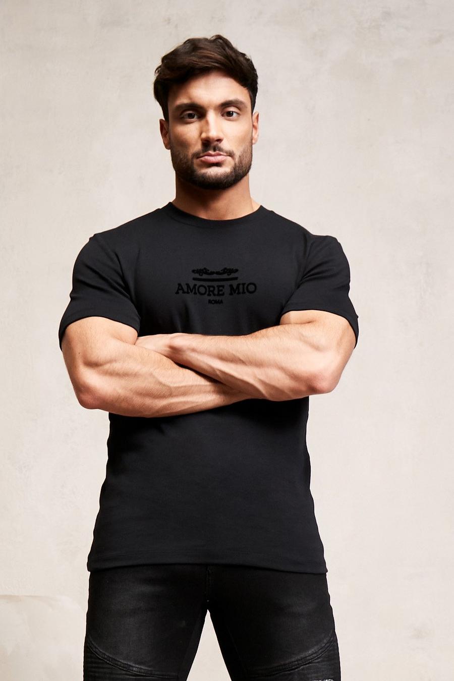 Black Muscle Fit Amore Flock Print T-shirt image number 1