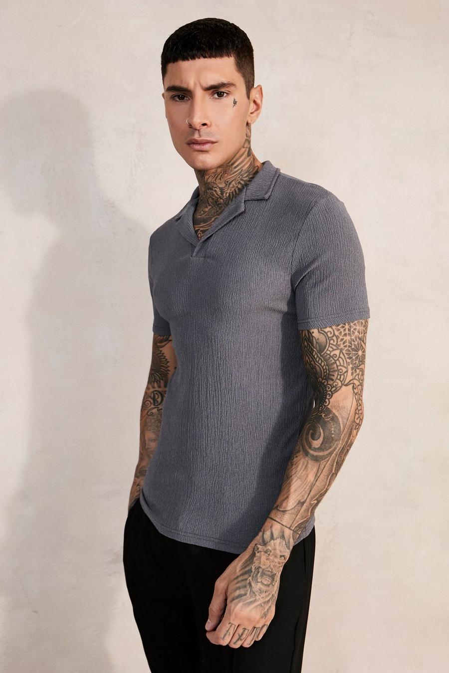 Muscle Fit Crinkle V-neck Polo, Charcoal image number 1