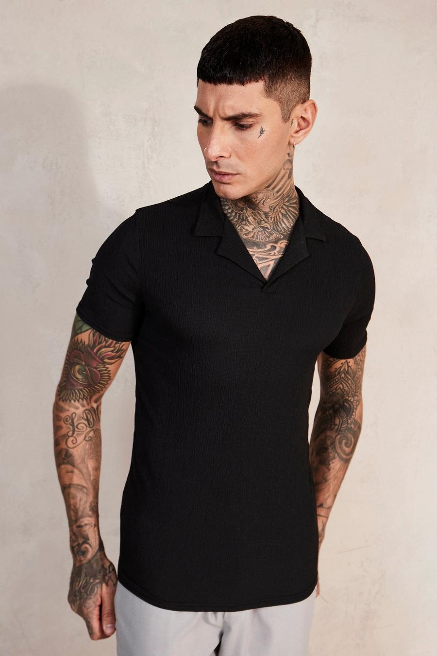 Black negro Muscle Fit Crinkle V-neck Polo
