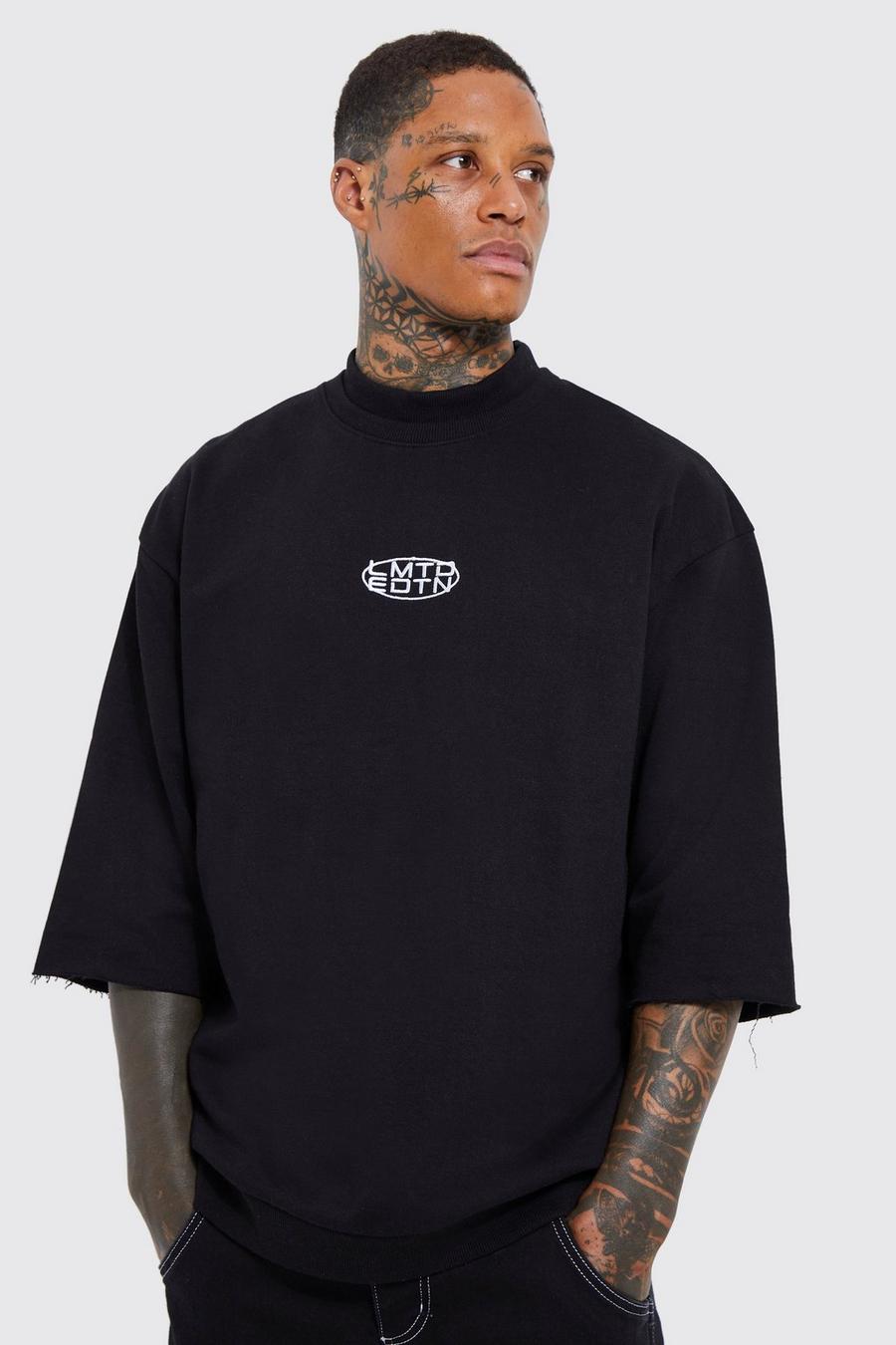 Black Oversized 3/4 Sleeve Faux Neck Loopback Sweatshirt 
