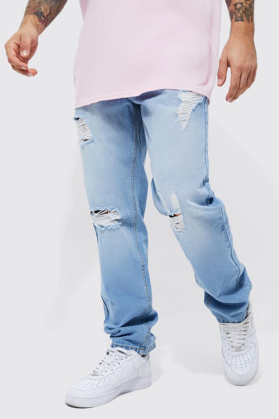 Light blue Onbewerkte Versleten Jeans Met Rechte Pijpen image number 1