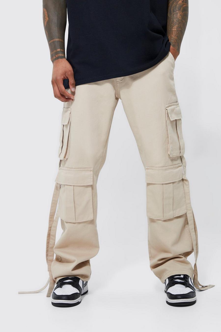 Pantalón cargo holgado con tiras y cintura fija, Ecru image number 1