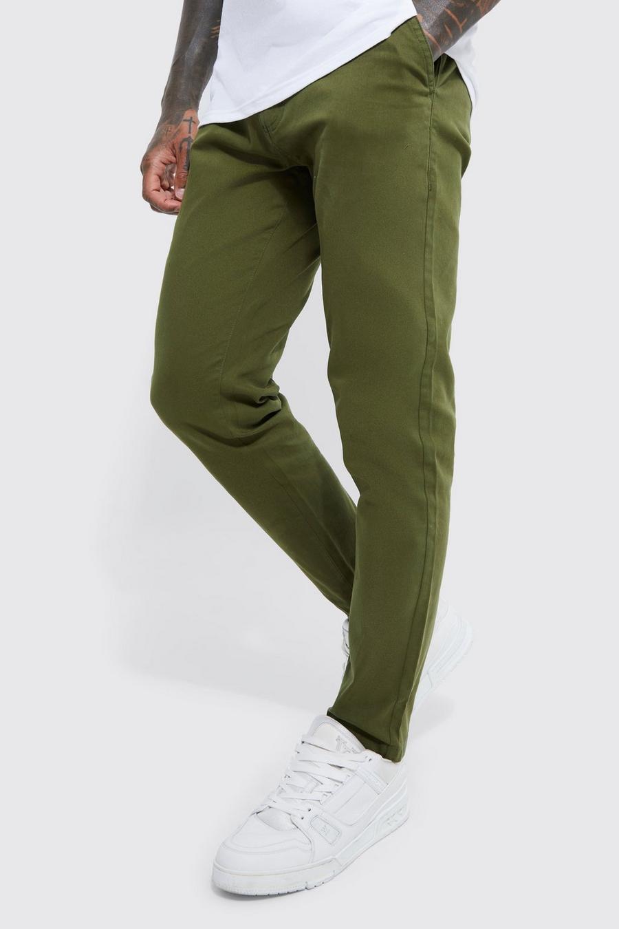 Khaki Fixed Waist Slim Fit Stretch Chino Trousers image number 1