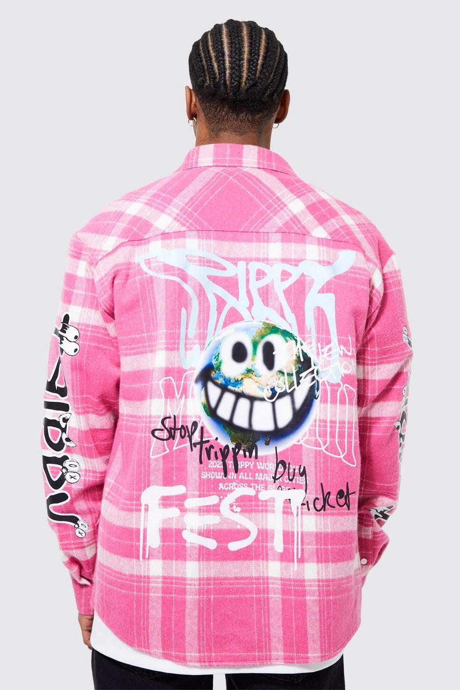 Pink Oversized Trippy Printed Check Shirt