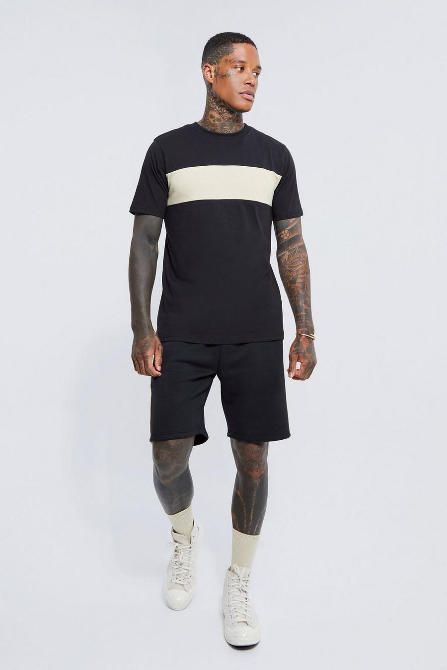 Slim Fit Colour Block T-shirt And Short Set, Black negro image number 1