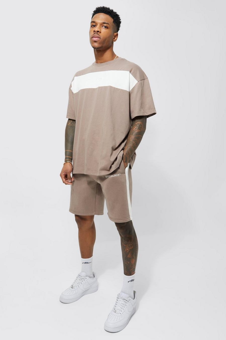 Taupe  Oversized Colour Block T-shirt And Short Set  image number 1