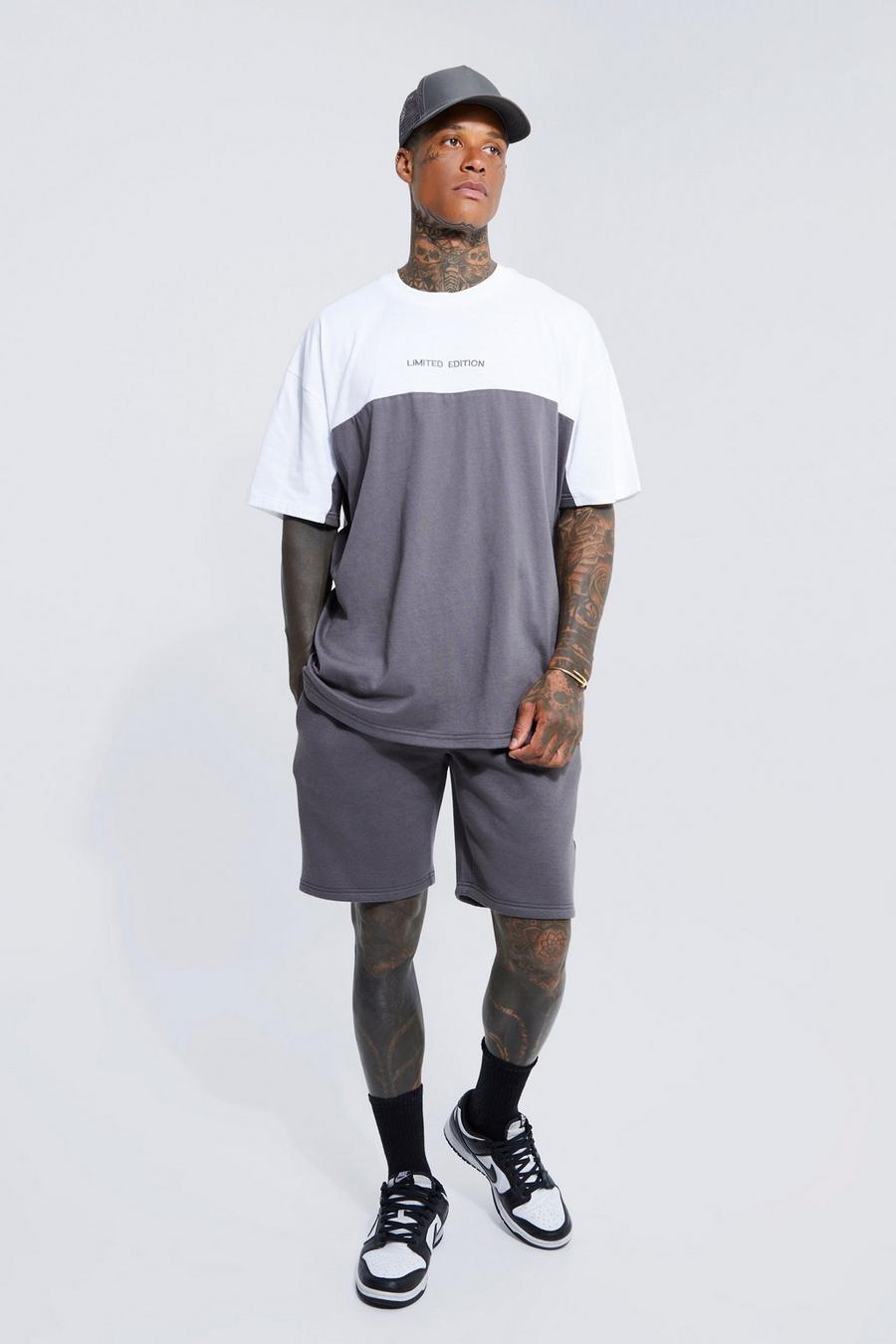Conjunto oversize de pantalón corto y camiseta con cinta Limited, Dark grey image number 1