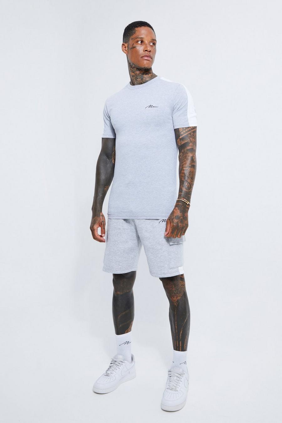 Muscle Fit Man Panel T-shirt And Short Set , Ash grey