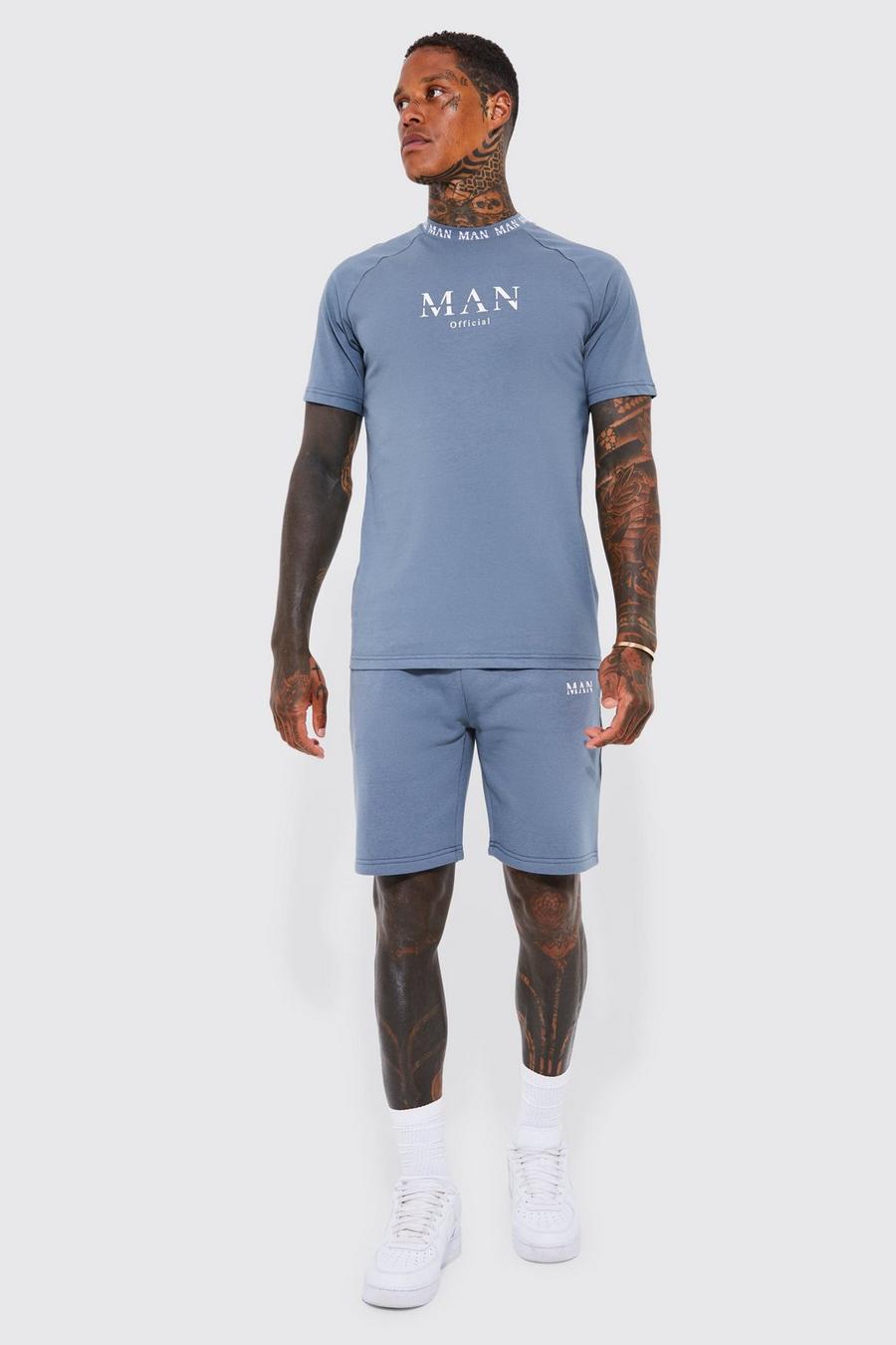 Slate blue Man Slim Fit T-Shirt Met Tekst En Shorts Set image number 1