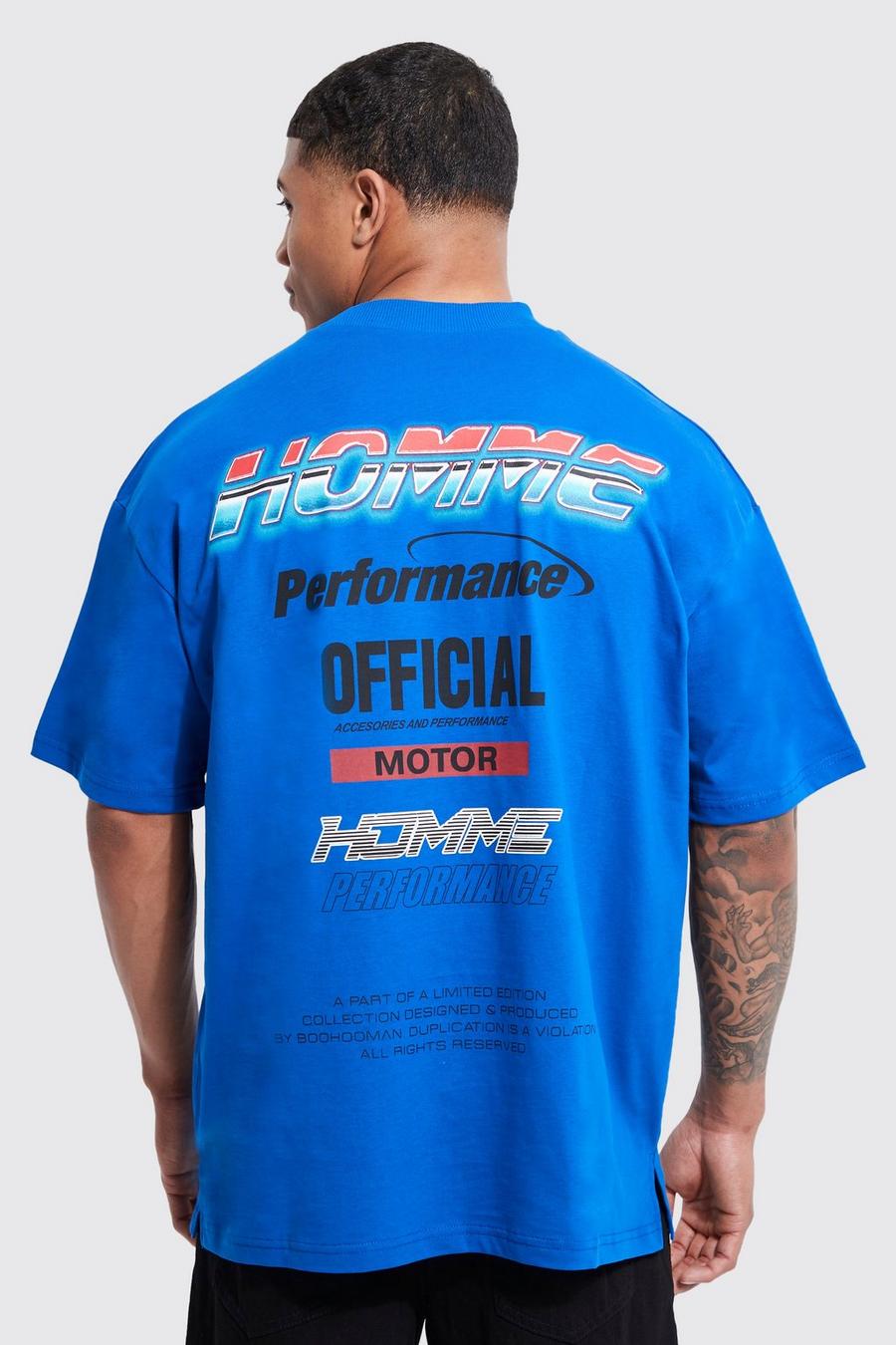Cobalt azul Oversized Extended Neck Motor Sport T-shirt
