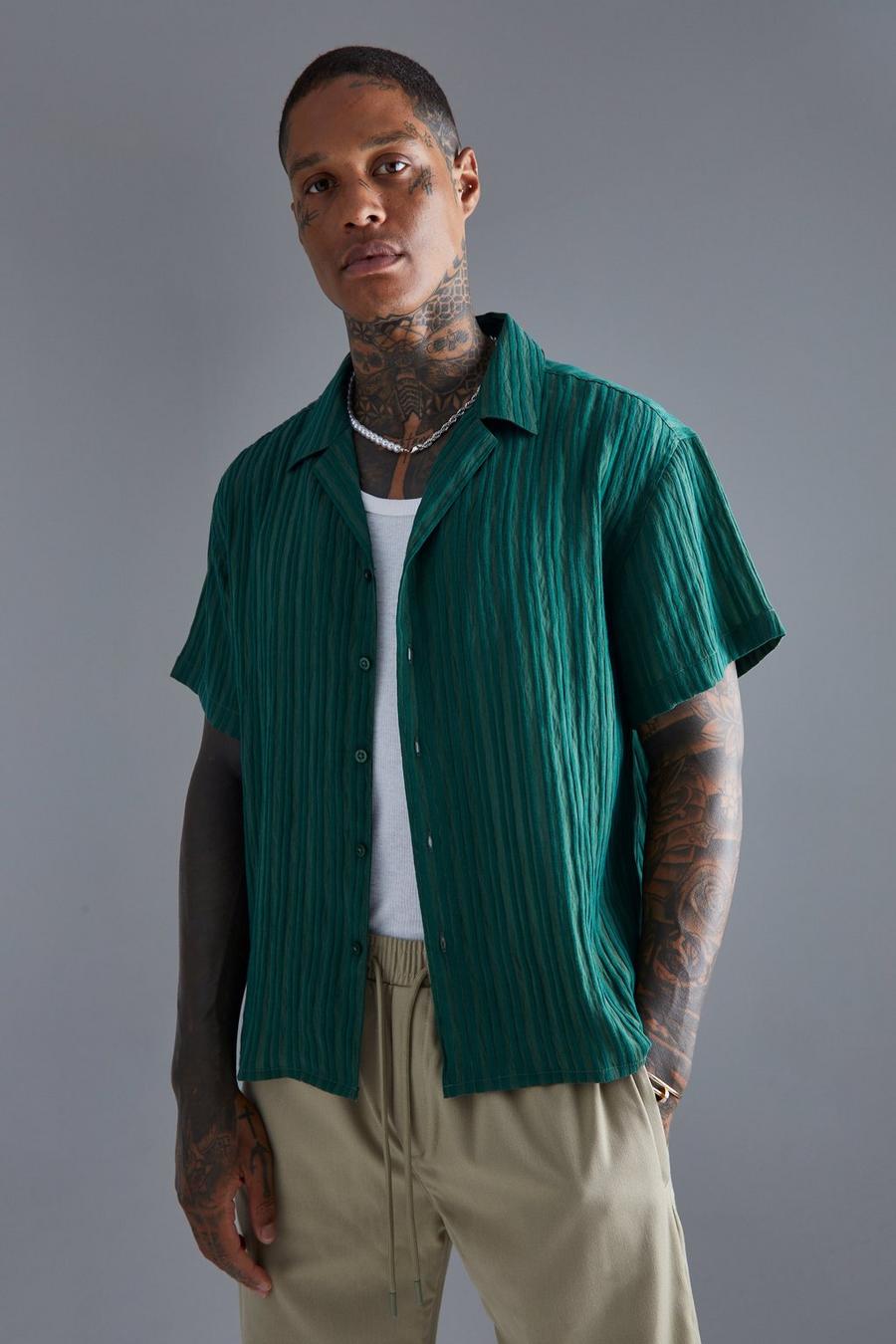 Dark green Short Sleeve Boxy Stripe Texture Shirt image number 1