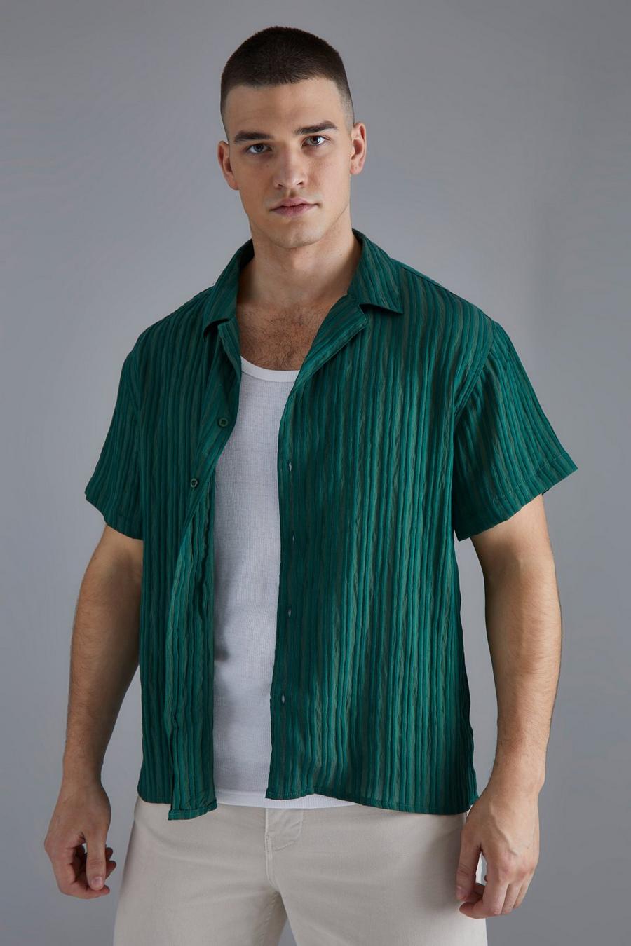 Tall Short Sleeve Boxy Stripe Texture Shirt, Dark green image number 1