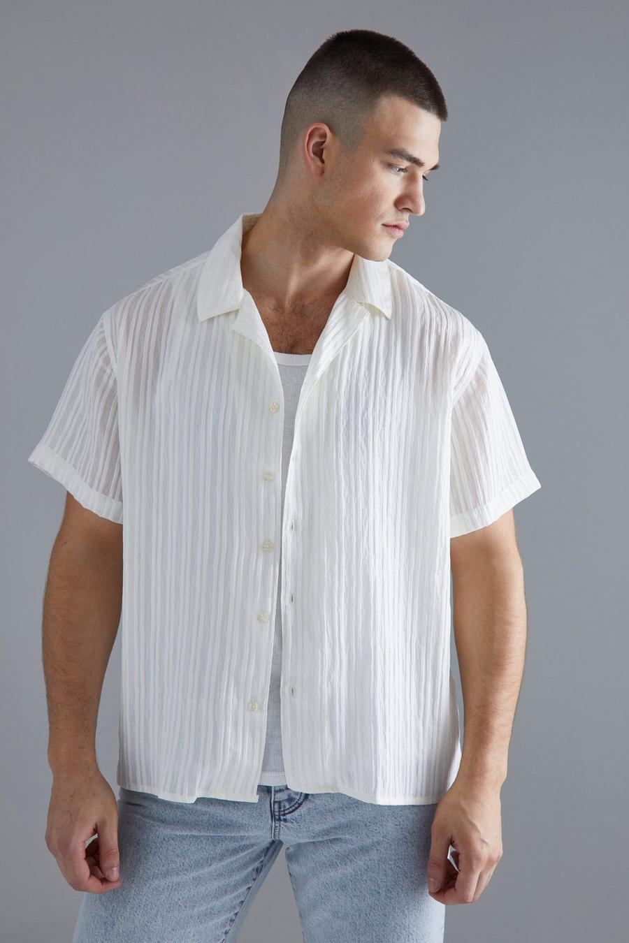 Camisa Tall recta texturizada de manga corta con estampado de rayas, Ecru image number 1
