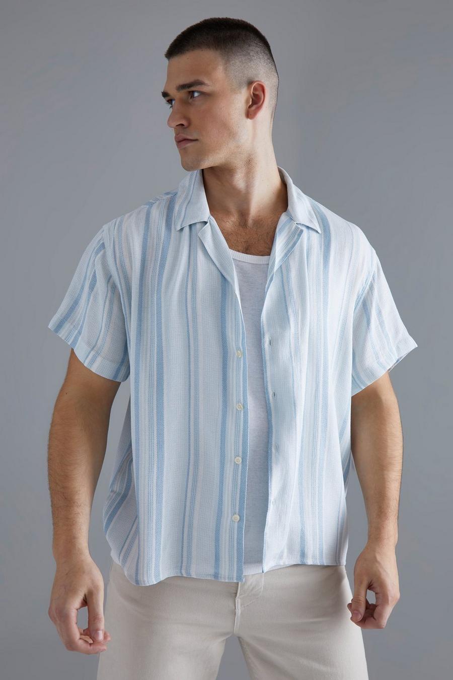 Tall kastiges gestreiftes strukturiertes Hemd mit kurzen Ärmeln, Blue image number 1