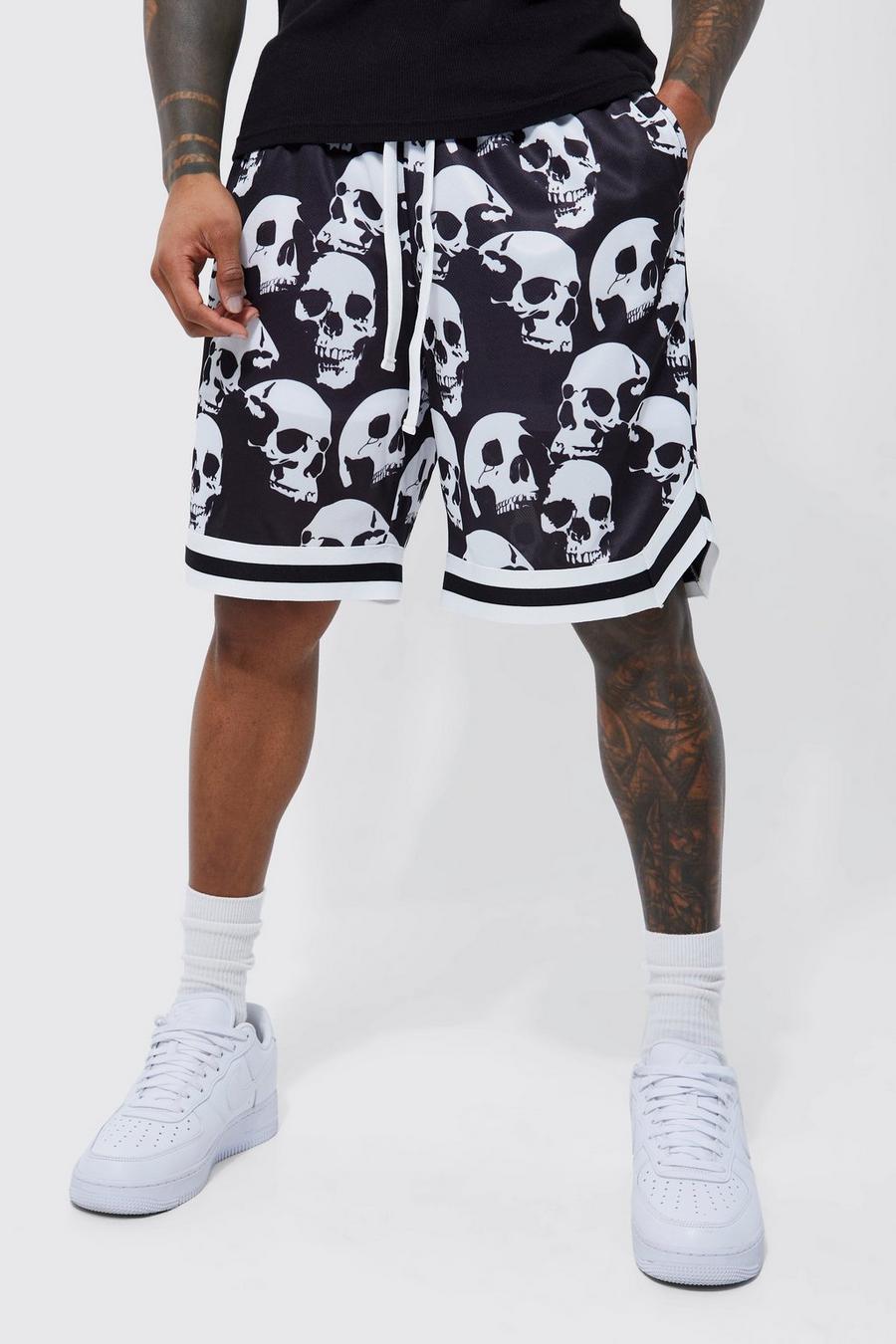 Black Loose Fit Skull Print Mesh Basketball Short