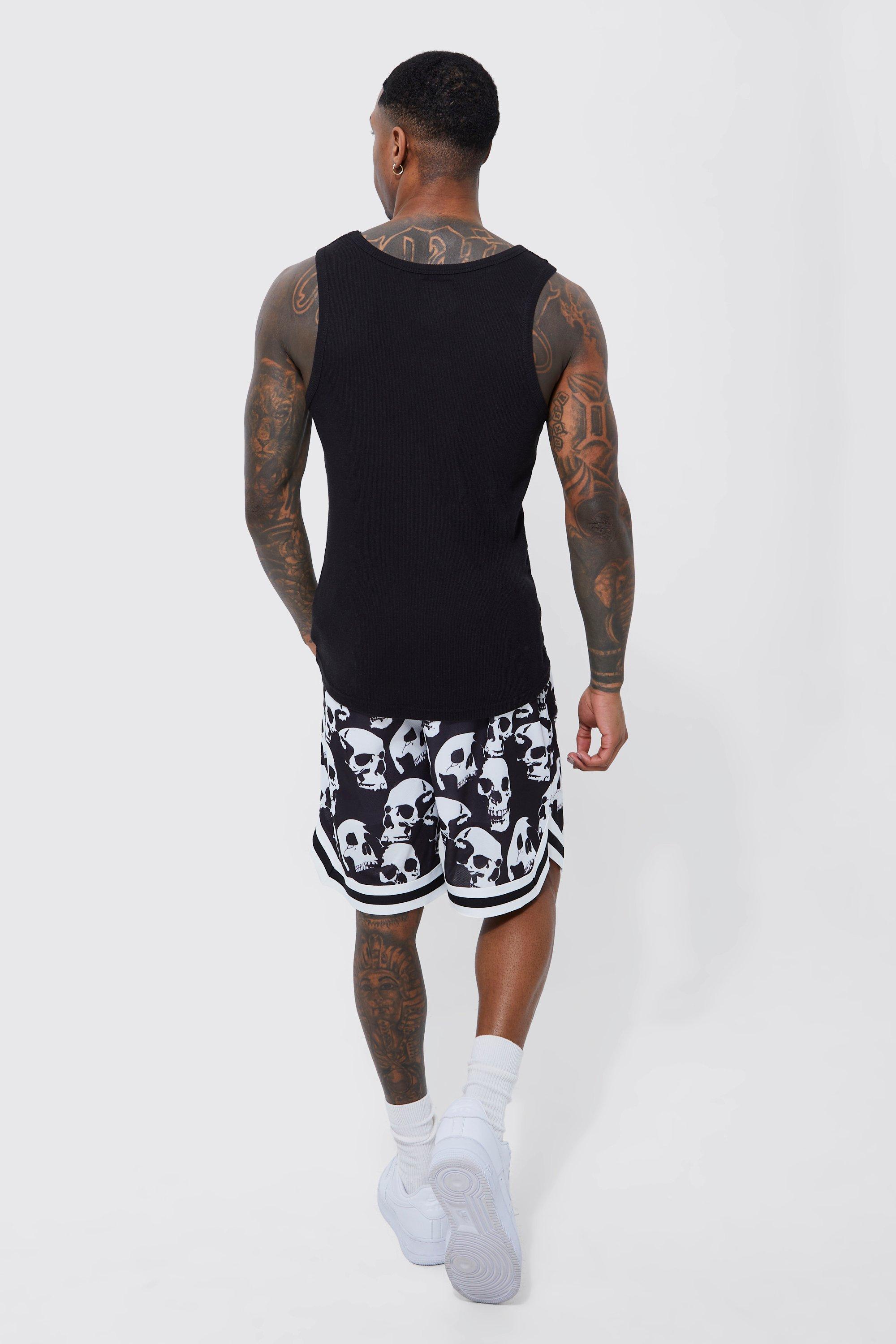 Loose Fit Skull Print Mesh Basketball Short